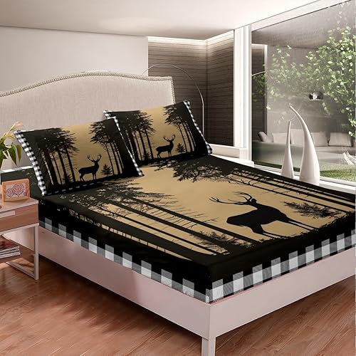 Miniatura 8 de Erosebridal Sábana bajera ajustable para campamento para niños, diseño de oso de ciervo, juego de sábanas de retazos a cuadros rústicos de búfalo