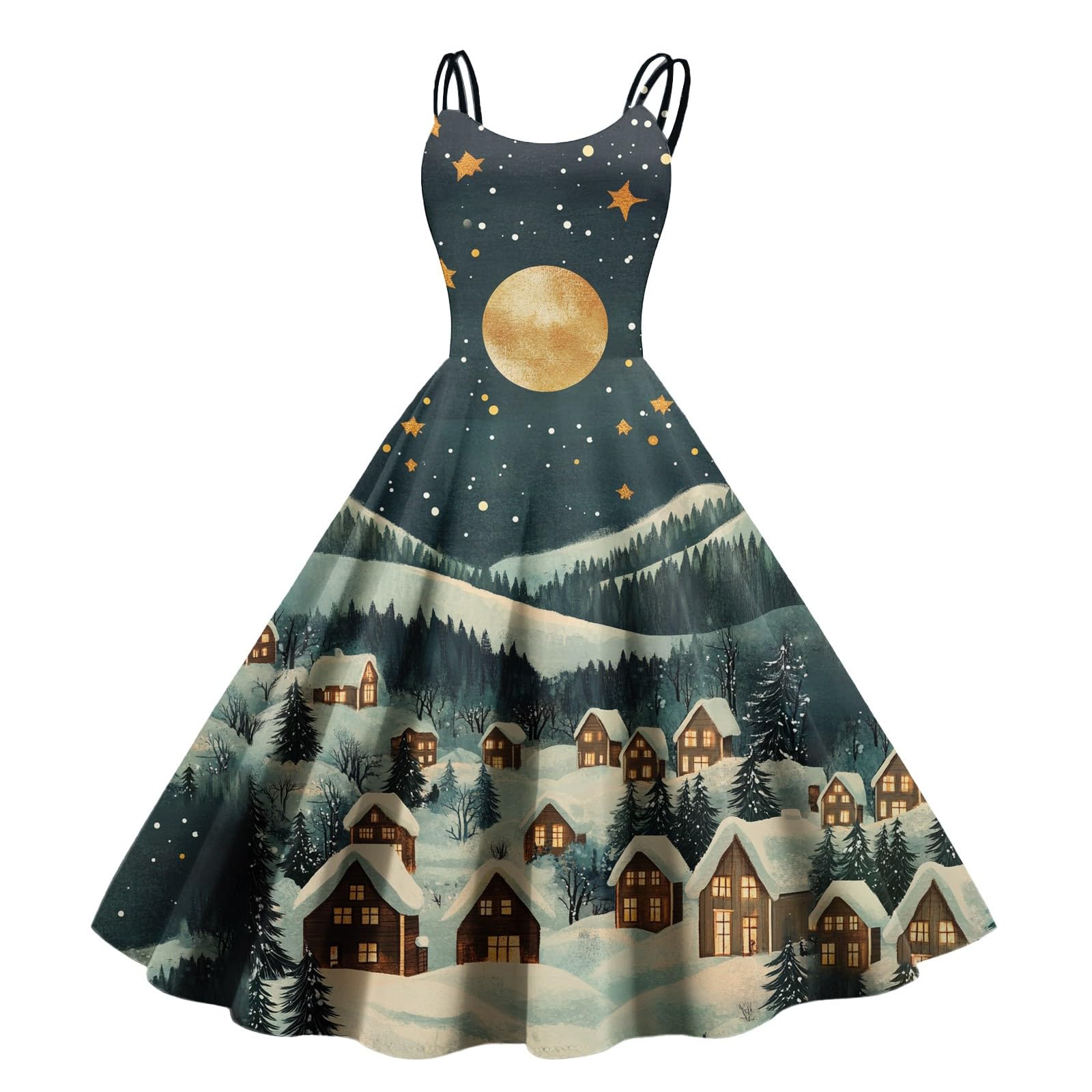 QI_LIANG 2024 Vestido de Cuello Redondo con Estampado navideño de Manga Larga Hepburn clásico Retro para Mujer