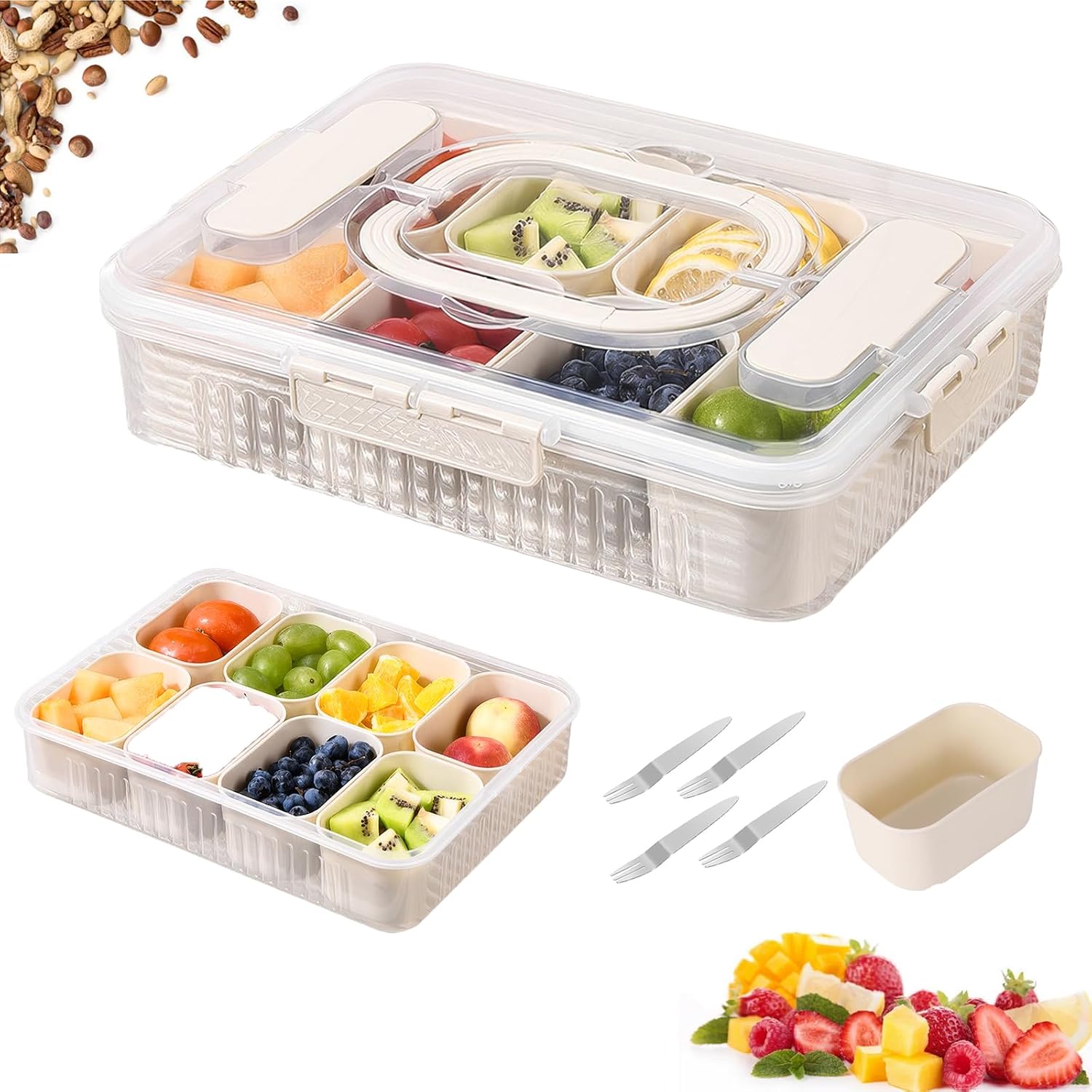 Houkiper Snack Box with Compartments 8 Compartments Snack Plate with Lid PP snack plate with lid snack box with compartments for nuts sweets fruit vegetables biscuits and desserts