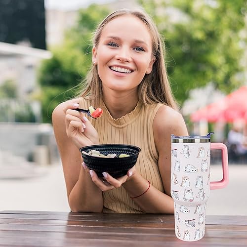 Miniatura 5 de muanns Vaso de viaje con tapa y pajita, de acero inoxidable, con diseño de gato rosa, con aislamiento al vacío, de 40 onzas, regalos para mujeres,