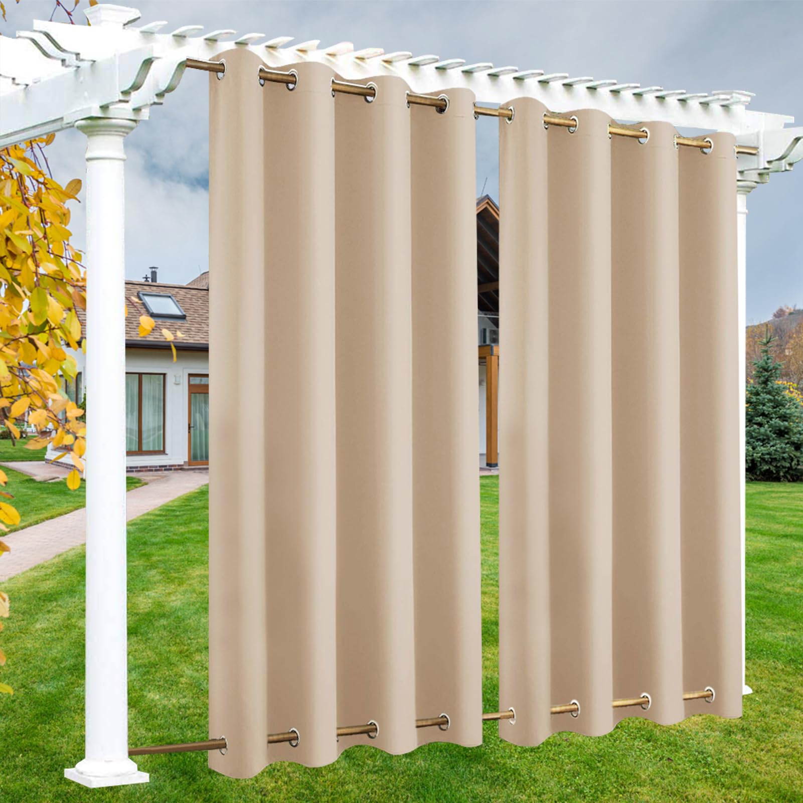 LSDINDF Outdoor Curtains Waterproof, 1 Panel Outdoor Curtain with Top & Bottom Grommets, Privacy and Sun Protection for Pergola, Gazebo, Patio, Porch and Poolside - W 108" x L 85"