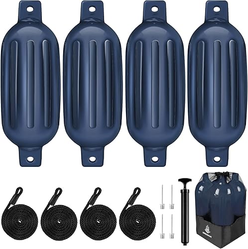 Dreizack Boat Fenders 4 Pack, Boat Bumpers for Docking with 4 Ropes, Inflatable Ribbed Marine Pontoon Boat Fender Bumper for Docks with 1 Storage