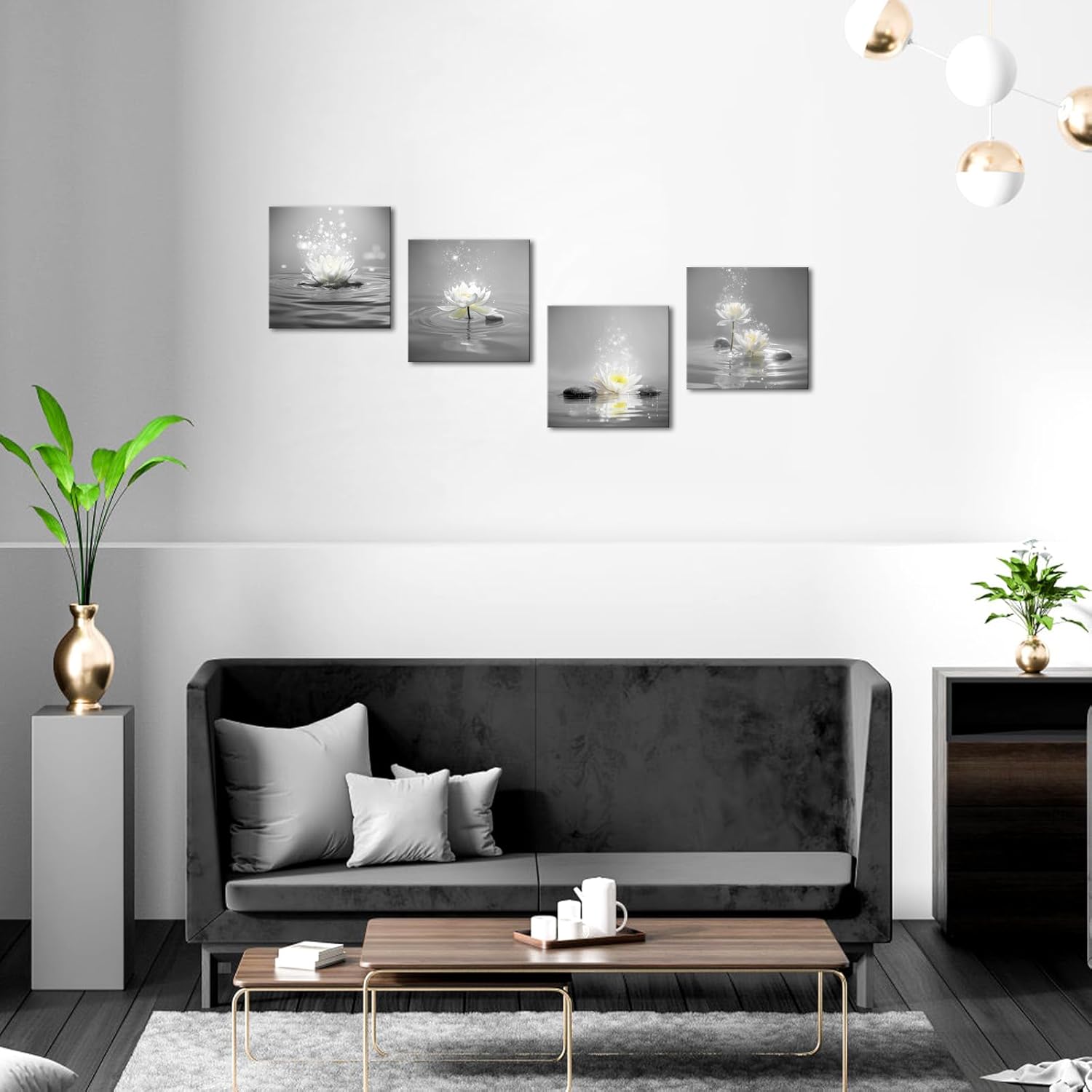 sechars White Lotus Flower Wall Art Grey Zen Decor Meditation Yoga Spa Room Art Painting Modern Bathroom Gray Decorations (Small)
