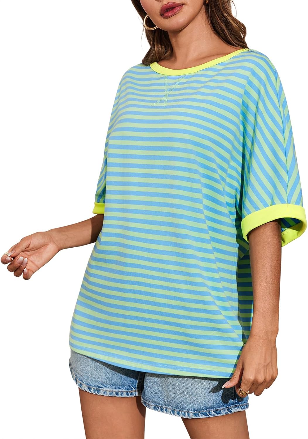 Tankaneo Womens Oversized Striped Tee Shirt Summer Casual Color Block Half Sleeve Crew Neck Tunic Tops - Image 3