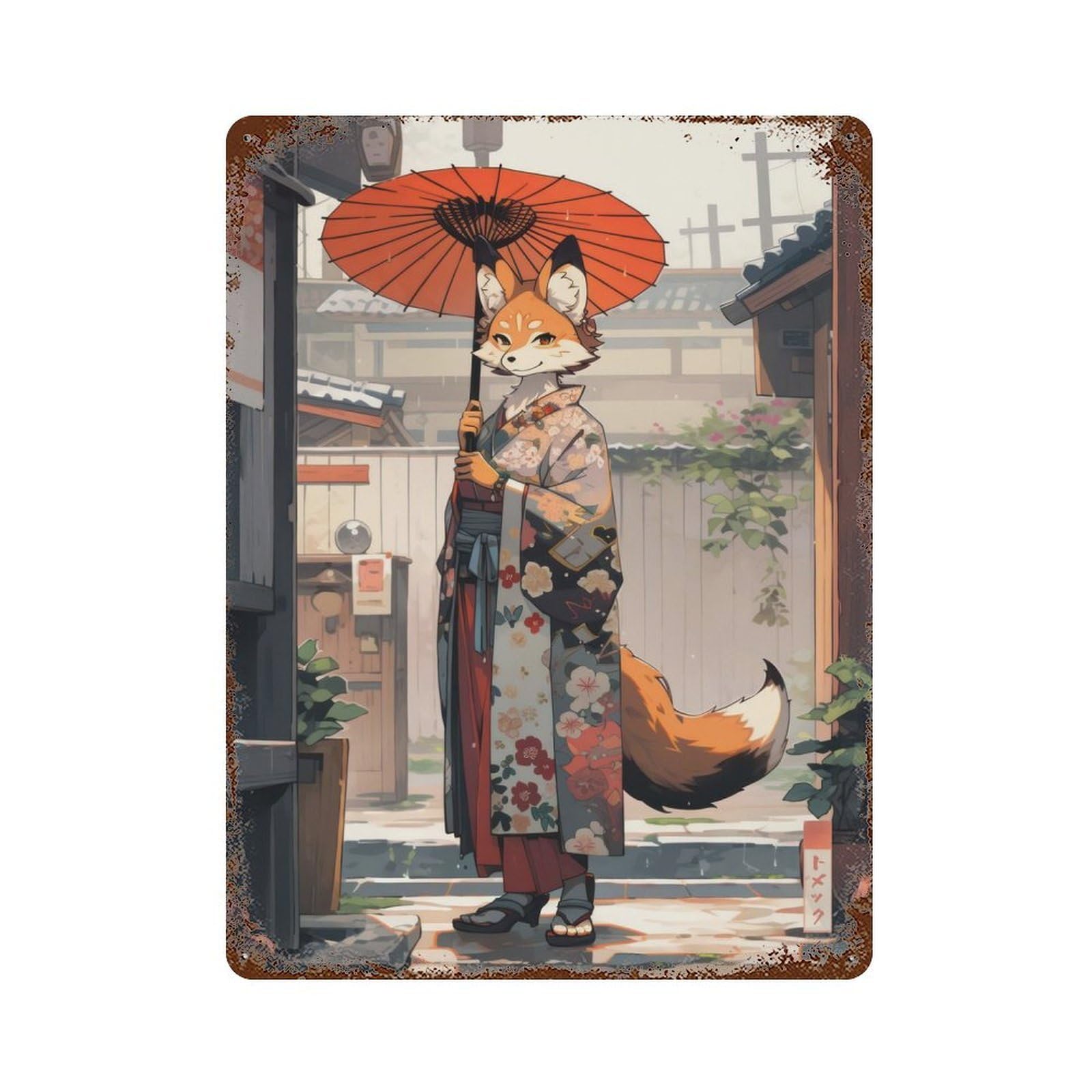 Weathered Tin Sign with Red Panda Maiko Design 15.7"x11.8", for Garage, Bar And Workshop Decor, Decorative Metal Wall Art