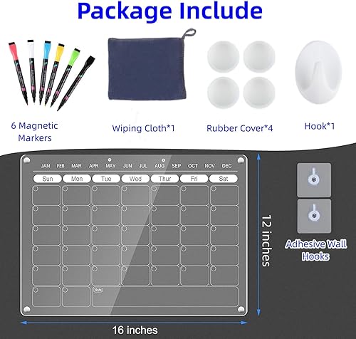 Miniatura 6 de Calendario magnético acrílico para refrigerador, calendario de pizarra de borrado en seco para refrigerador, planificador de pizarra blanca