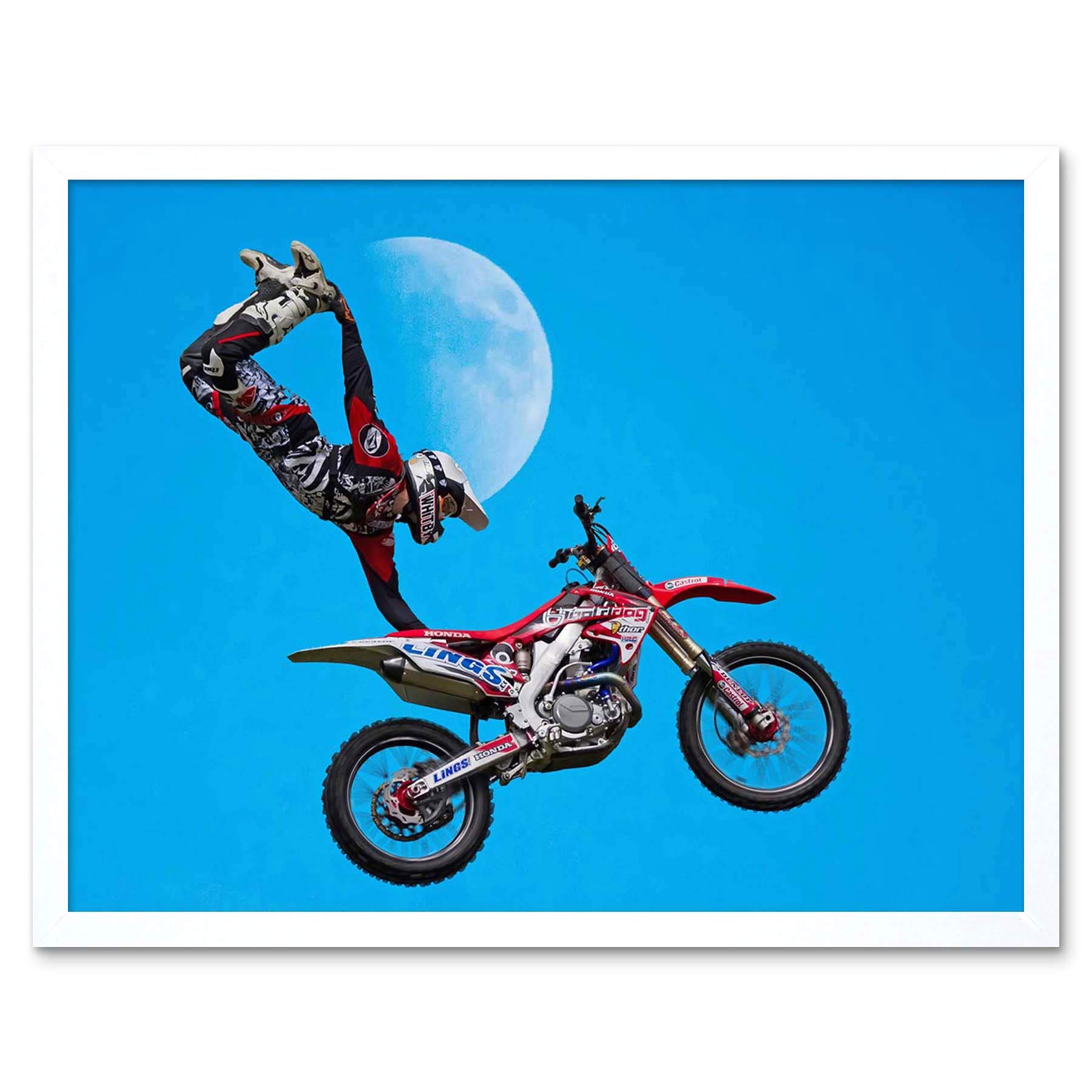Wee Blue Coo Motocross Bike Stunt Art Print Framed Poster Wall Decor 12X16 Inch