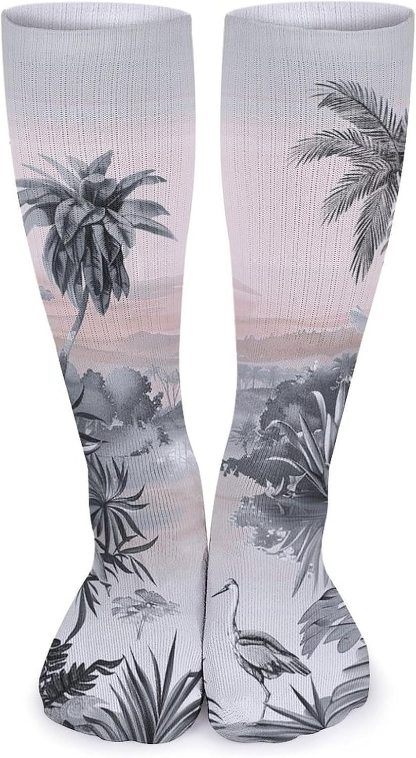 5 Pairs Knee High Socks Tropical Palm Trees Long Tube Boot Seamless Toe