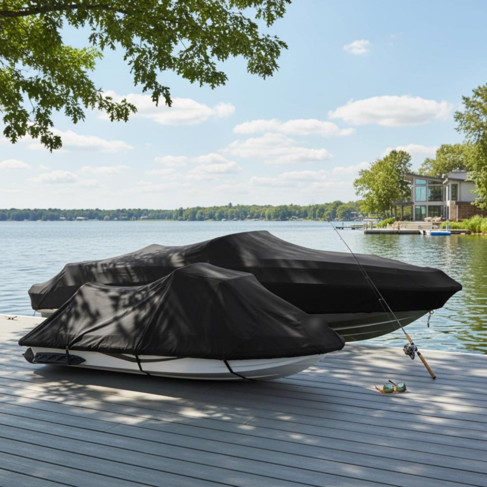 Qianly Bootsabdeckung Wasserdicht Boot Plane Persenning Schutzhülle aus 420D Oxford mit Elastischem Rand Und Gurtbefestigung Eng Anliegend bei Wind Fahrt für, M 106-115"/269-292cm L3.65m×W2.4m