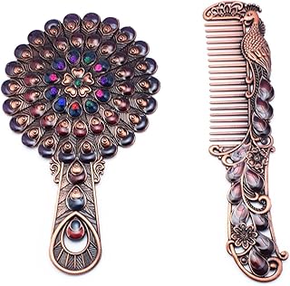 مراية جيب للمكياج بتصميم طاووس فرعوني مع مشط هدايا تذكارية مصرية قديمة للنساء والأم من مصر (فلاور 3 - أحمر محروق - 13 سم)