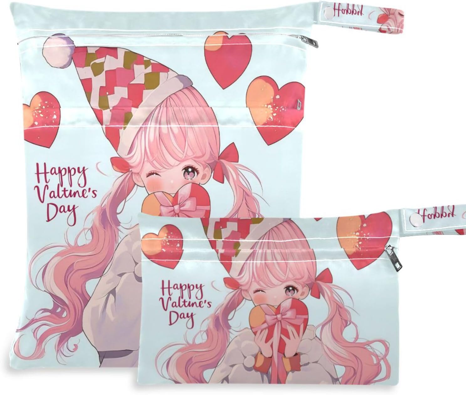 Valentine Anime Cute Doll waterproof bags for diaper 2 Pack travel essentials for babies with handles for bathing, baby diapers