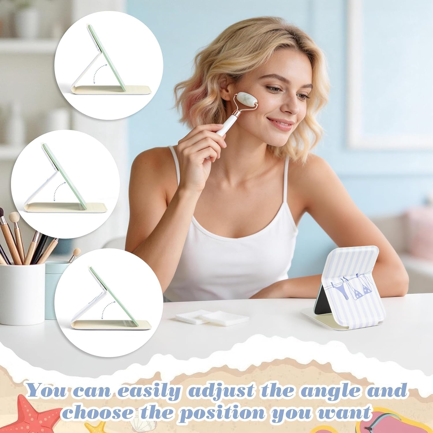 12 Pcs Seashell Mirror Bulk Blue Pocket Makeup Mirror Mini Tabletop Mirrors for Coastal Birthday Party Girl’s Weekend Beach Bachelorette Party Favors Bridesmaid Gifts
