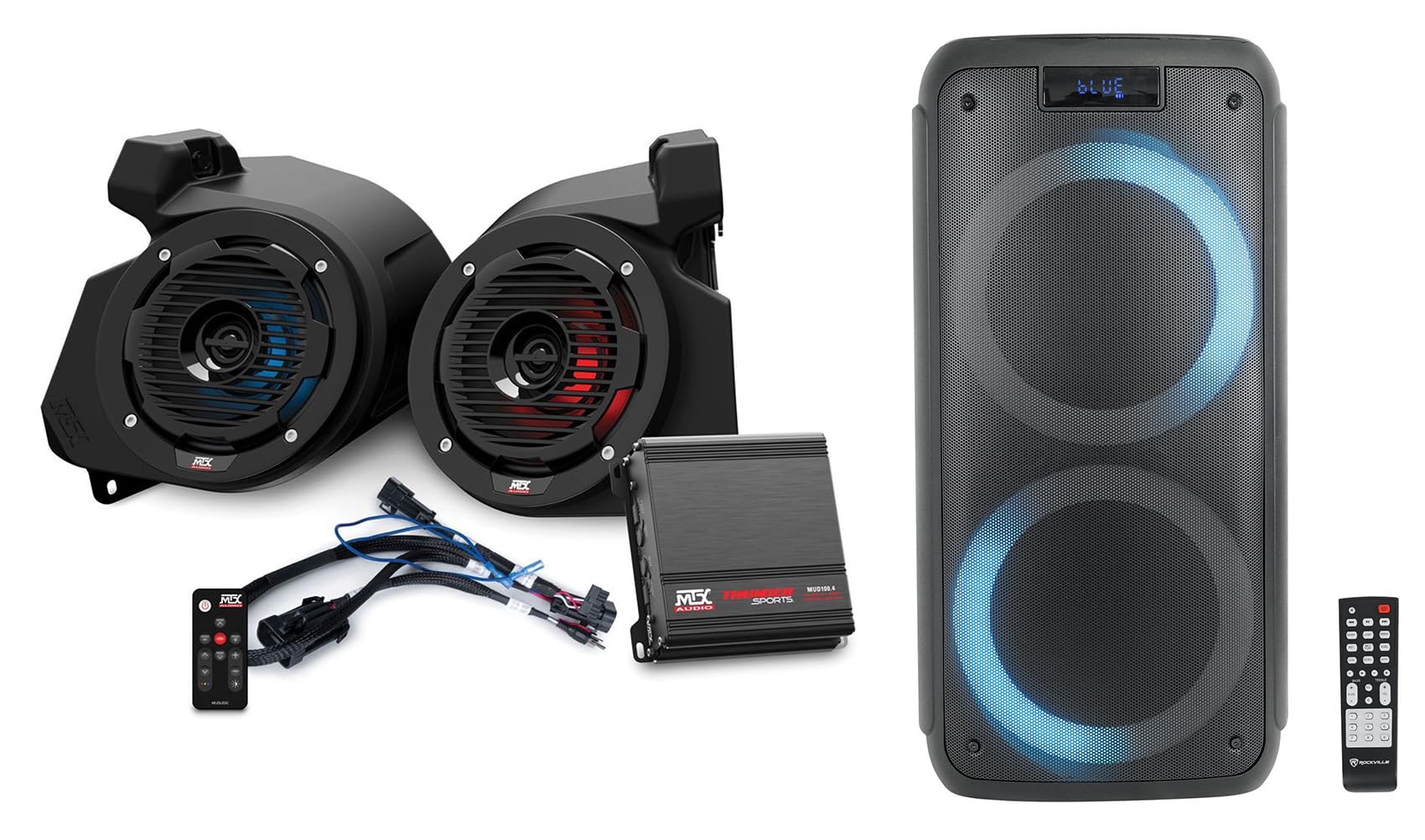 Audiosavings Bundle: MTX RZR-14RC-THUNDER2 Kick Panel Speakers+Amplifier for Polaris RZR Ride Command Bundle with Rockville Rock Party 8 Dual 8