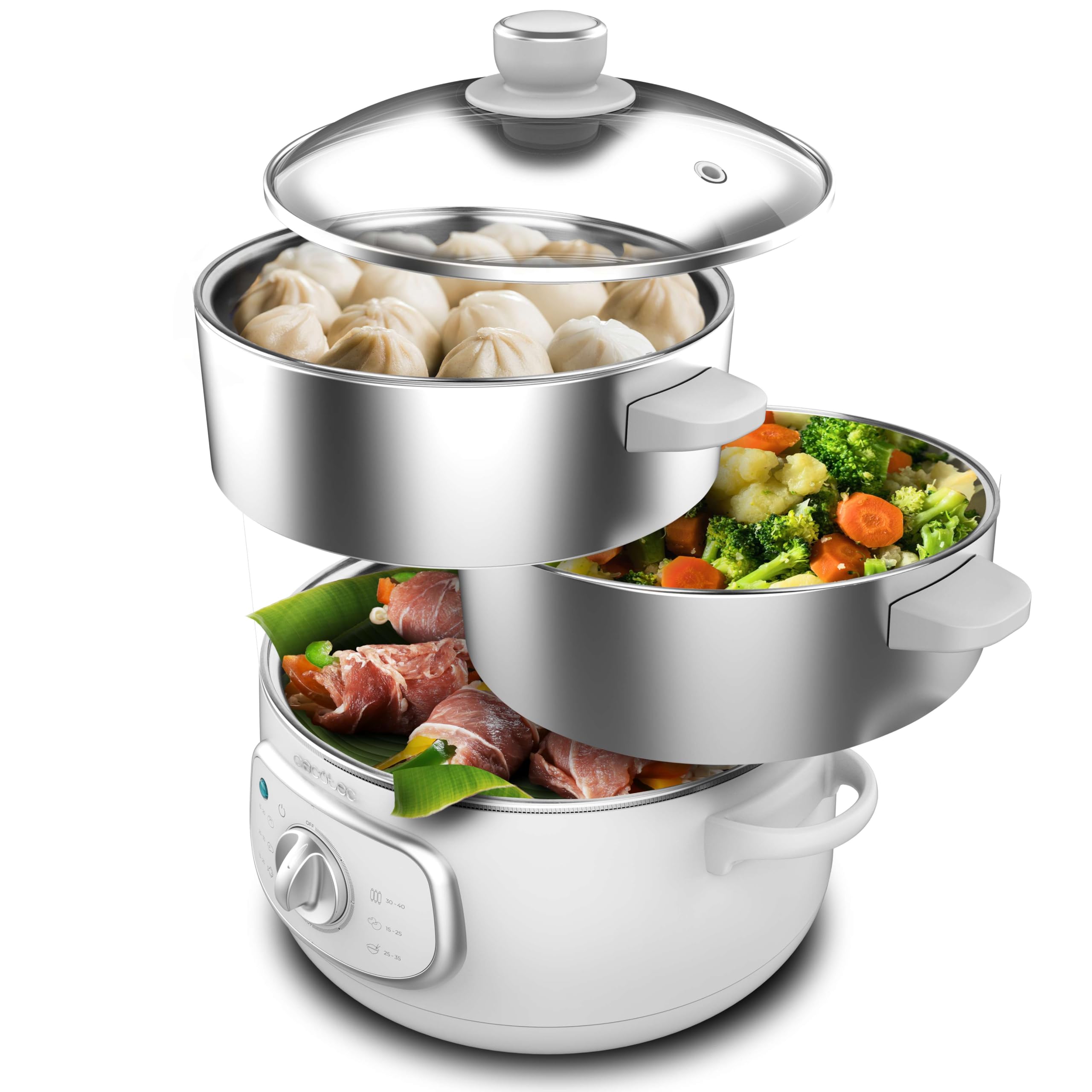 Cecotec Vaporera Eléctrica Vapovita Steelpot White. Potencia de 1300W, Recipientes Inoxidables, Capacidad 10L, Tiempo Ajustable, Apagado Automático, Fácil Limpieza, Tapa Especial, Cocina Saludable
