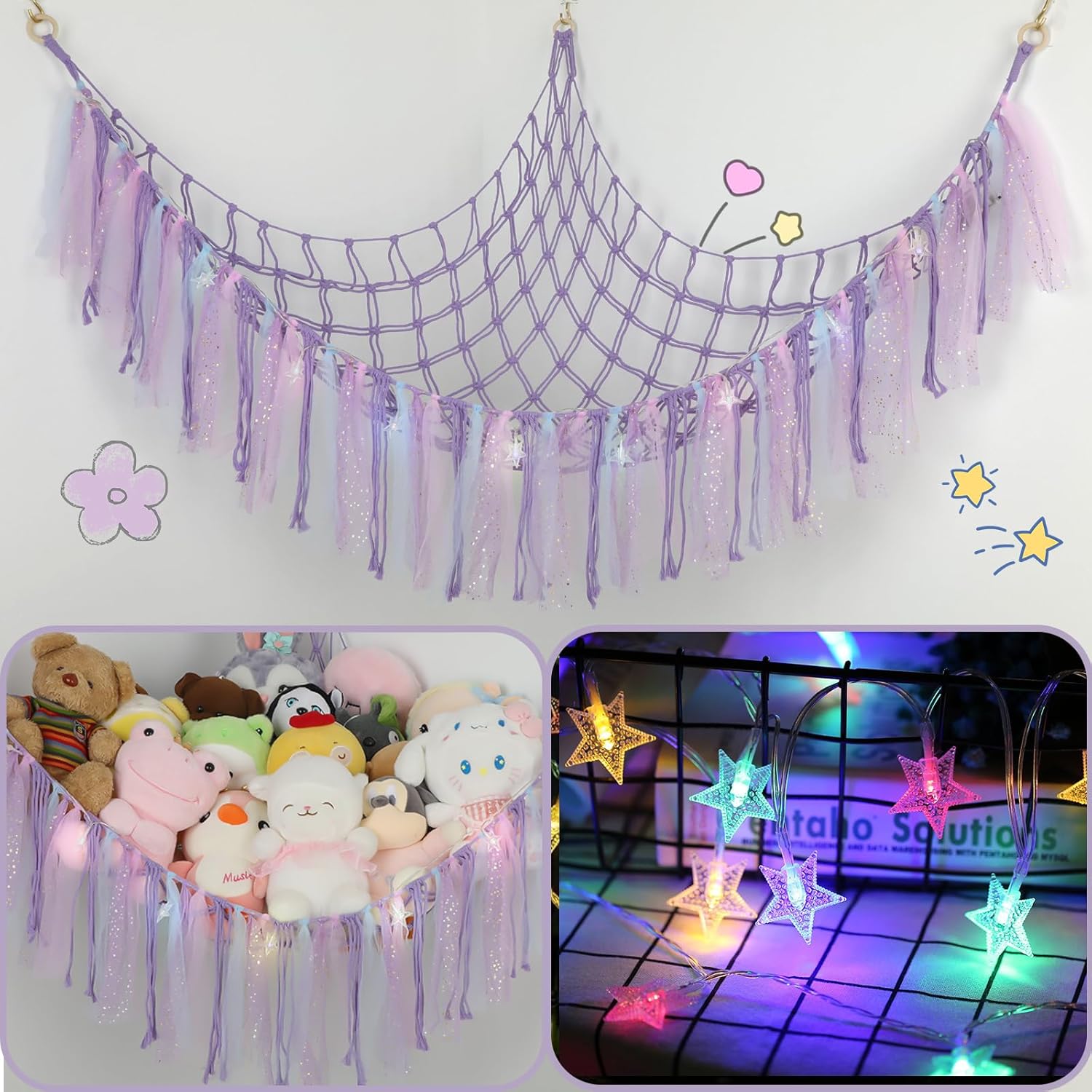 A corner black netted hammock with rainbow lights on the edges filled with stuffed animals