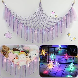 Stuffed Animal Hammock with LED Lights - 59 Inch Large Toy Storage Net f...