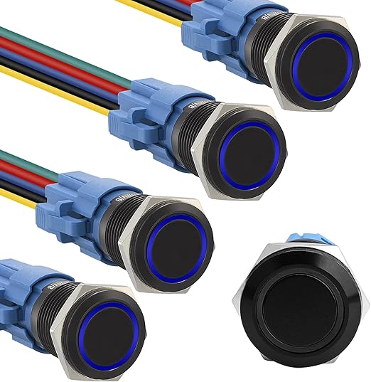 STARELO 5pcs 16mm Latching led Push Button Switch Black Shell, IP65 Waterproof Push Button Switch,1NO 1 NC with Wire Socket Plug,Self-Locking with LED(Blue).