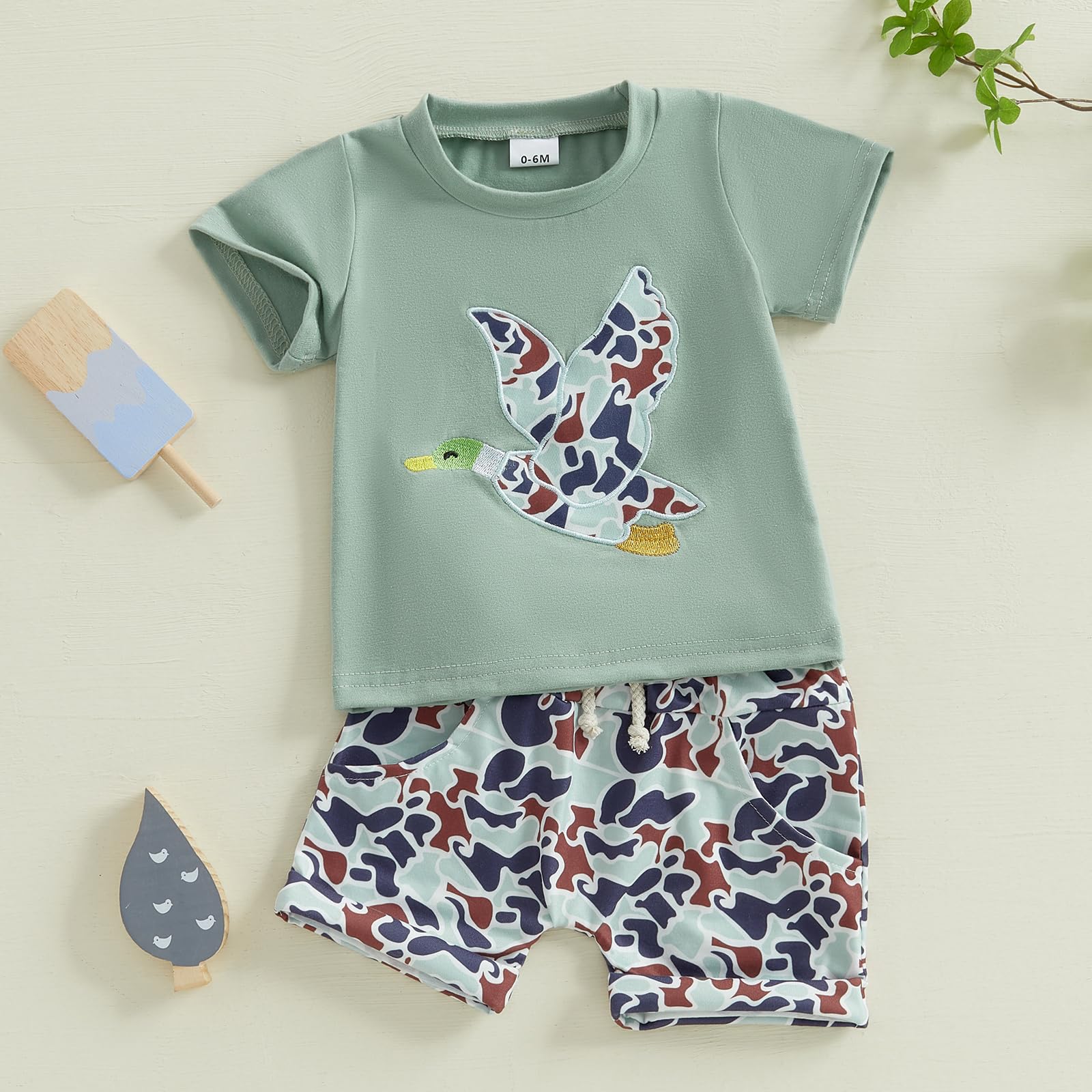 Doqcey Toddler Baby Boy Hunting Clothes Mallard Duck Embroidery Short Sleeve T-Shirt Camouflage Shorts Set Summer Outfit (Green, 6-12 Months)