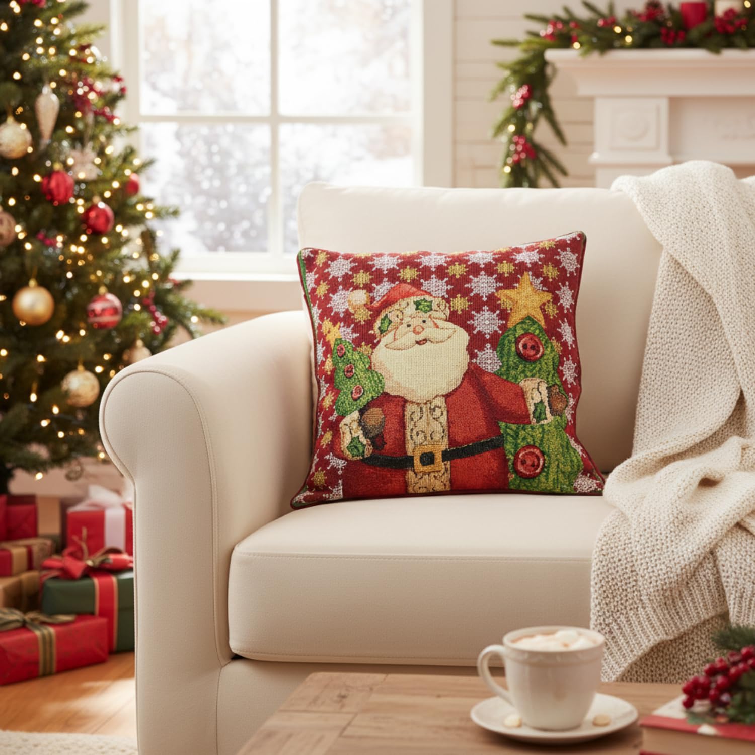 Tache Home Fashion 1PCDB15191CC-1616 Tache 1 Piece 16" X 16" Festive Tapestry Christmas Cute Santa Claus is Coming to Town Cushion Pillow Throw Cover, 16"x16"