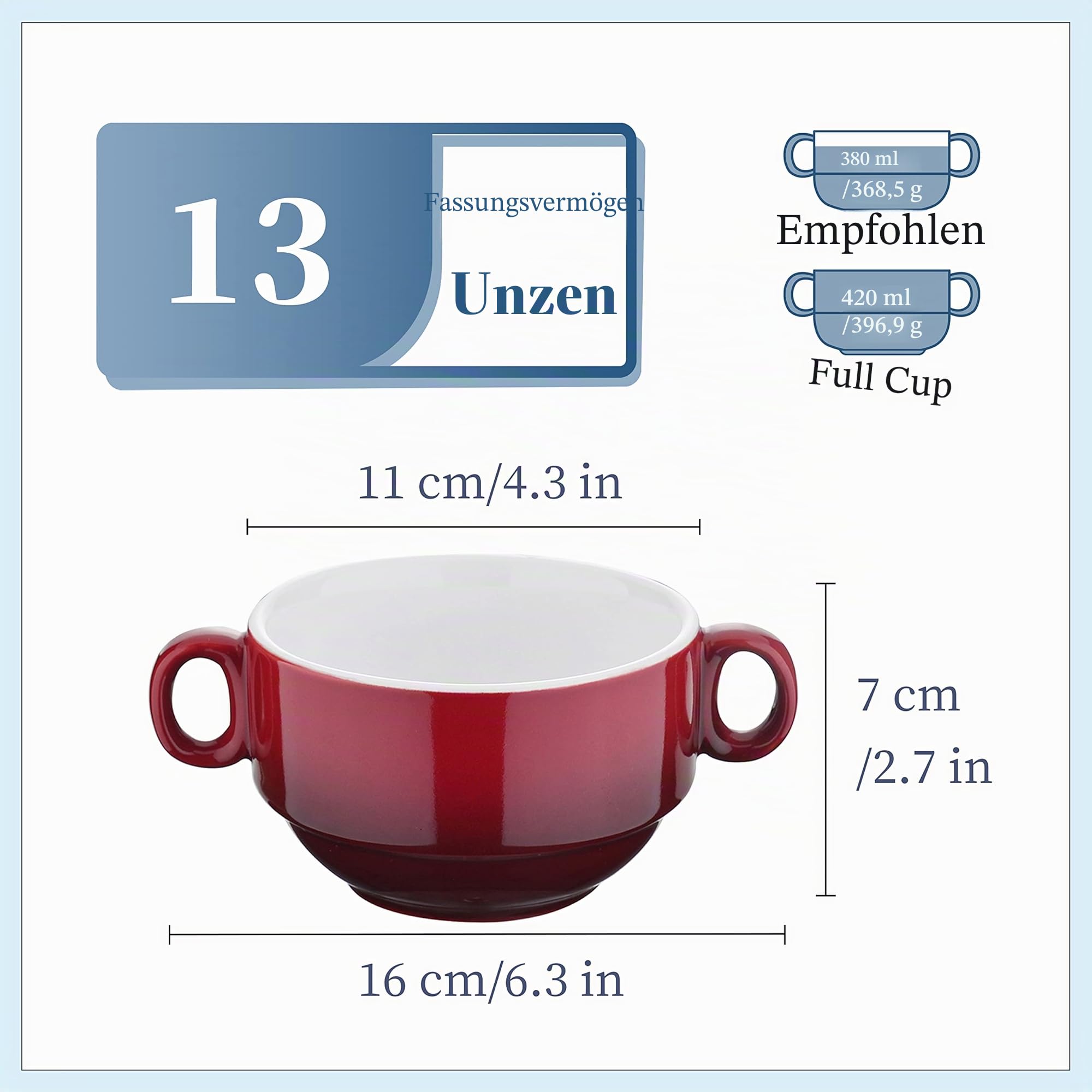 LOVECASA 420ml Suppentassen mit Henkel, 6-teilige Suppenschüsseln aus Steinzeug, Suppenschalen, Bouillontassen, Müslischüsseln, Bunt