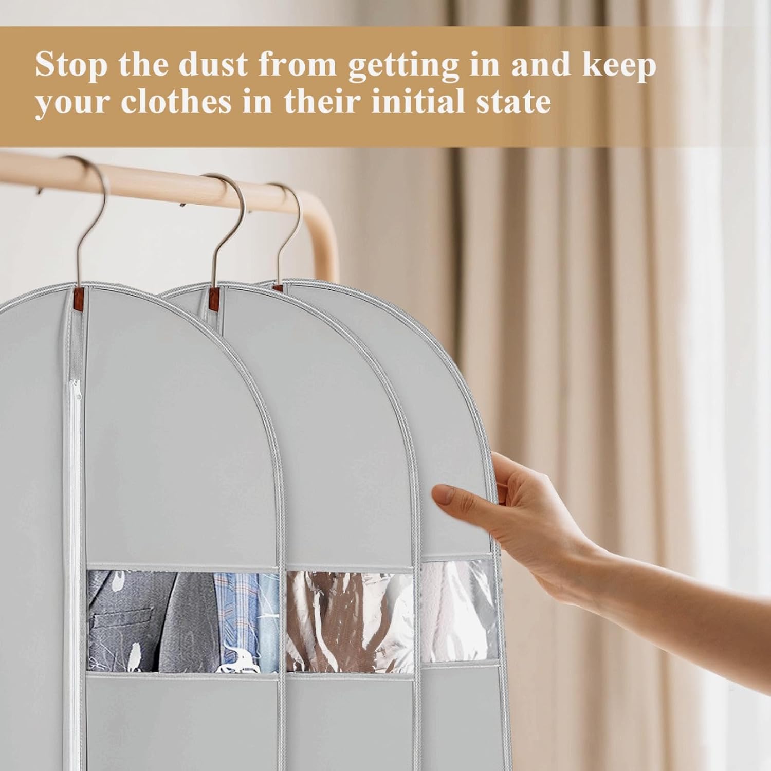 47Inch Garment Bags Covers, Gray Hanging Clothes Bag, Suit Cover Bags with Clear Window for Hanging Closet Clothes Storage and Travel (47 inch)