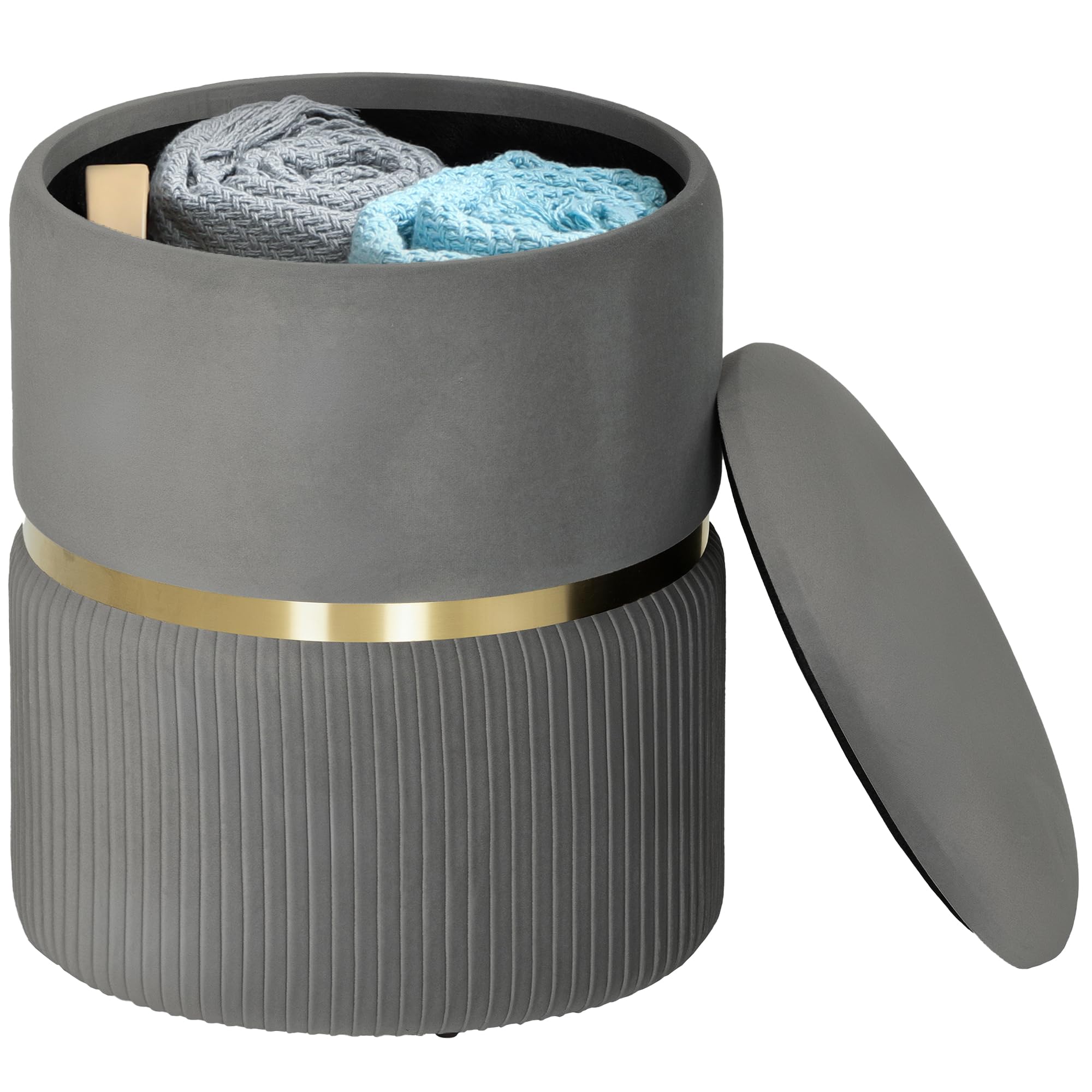 – Round Storage Stool, Velvet-feel Fabric Upholstered Vanity Stool with Removable Top, Padded Seat and Hidden Space for Living Room, Bedroom, Grey