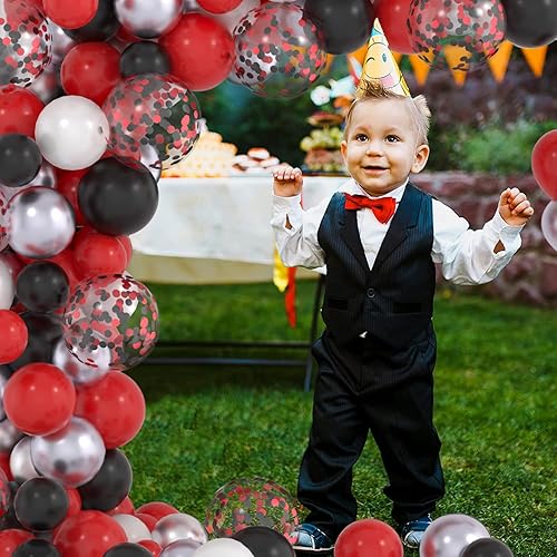 Miniatura 6 de Kit de guirnalda de arco de globos rojos y negros de cumpleaños, globos rojos, negros, blancos, plateados, con telón de fondo de pancarta de feliz