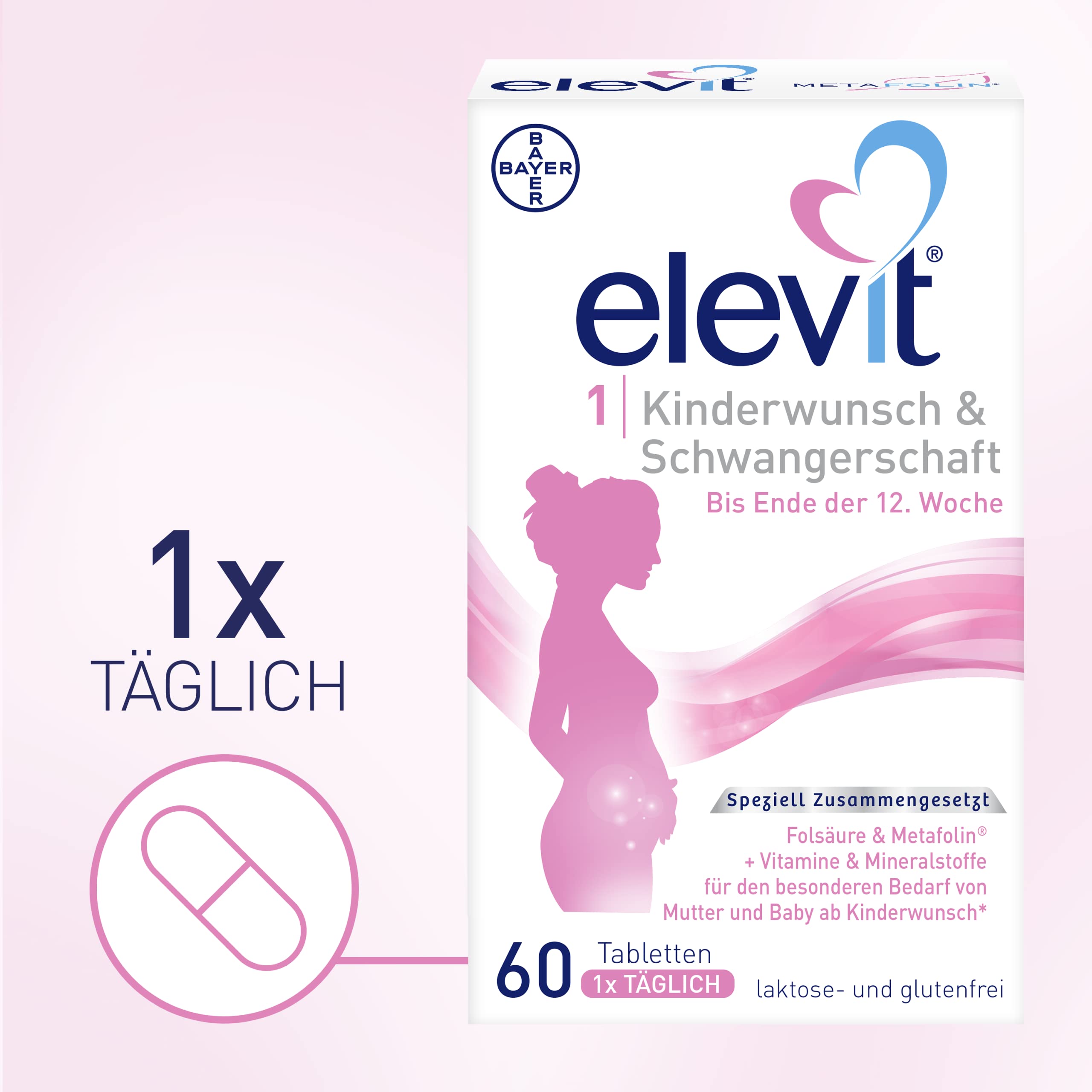 Elevit 1 | Kinderwunsch und Schwangerschaft | hochdosierte Folsäure & Metafolin | weltweite Nr. 1 der Schwangerschaftsvitamine | 60 Tabletten