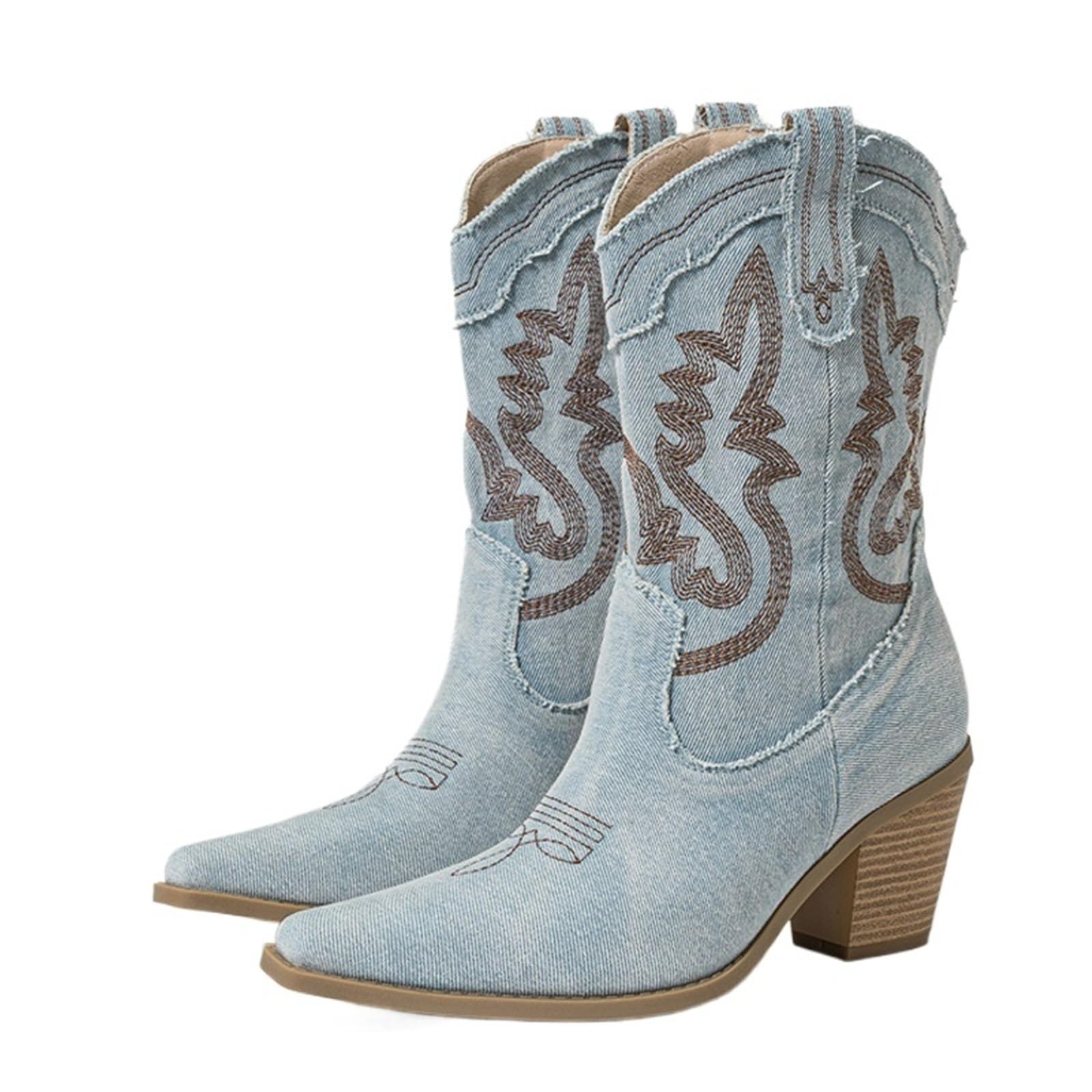 Camperos Texani Donna Stivaletti da Donna Occidentali, Sexy, con Punta Spessa e Tacco Alto, da Cowboy, Scarpe da Donna, Taglia 42(Shallow Blue,36)