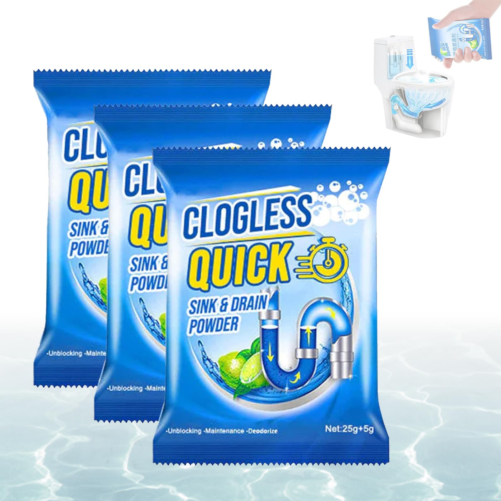 GFOUK Clogless Quick Sink and Drain Powder, Unclog Sink Drain Powder, Drain Blockage Sink Cleaner Powder for Kitchen Toilet Pipe Dredging, Powerful Sink and Drain Cleaner 3PCS