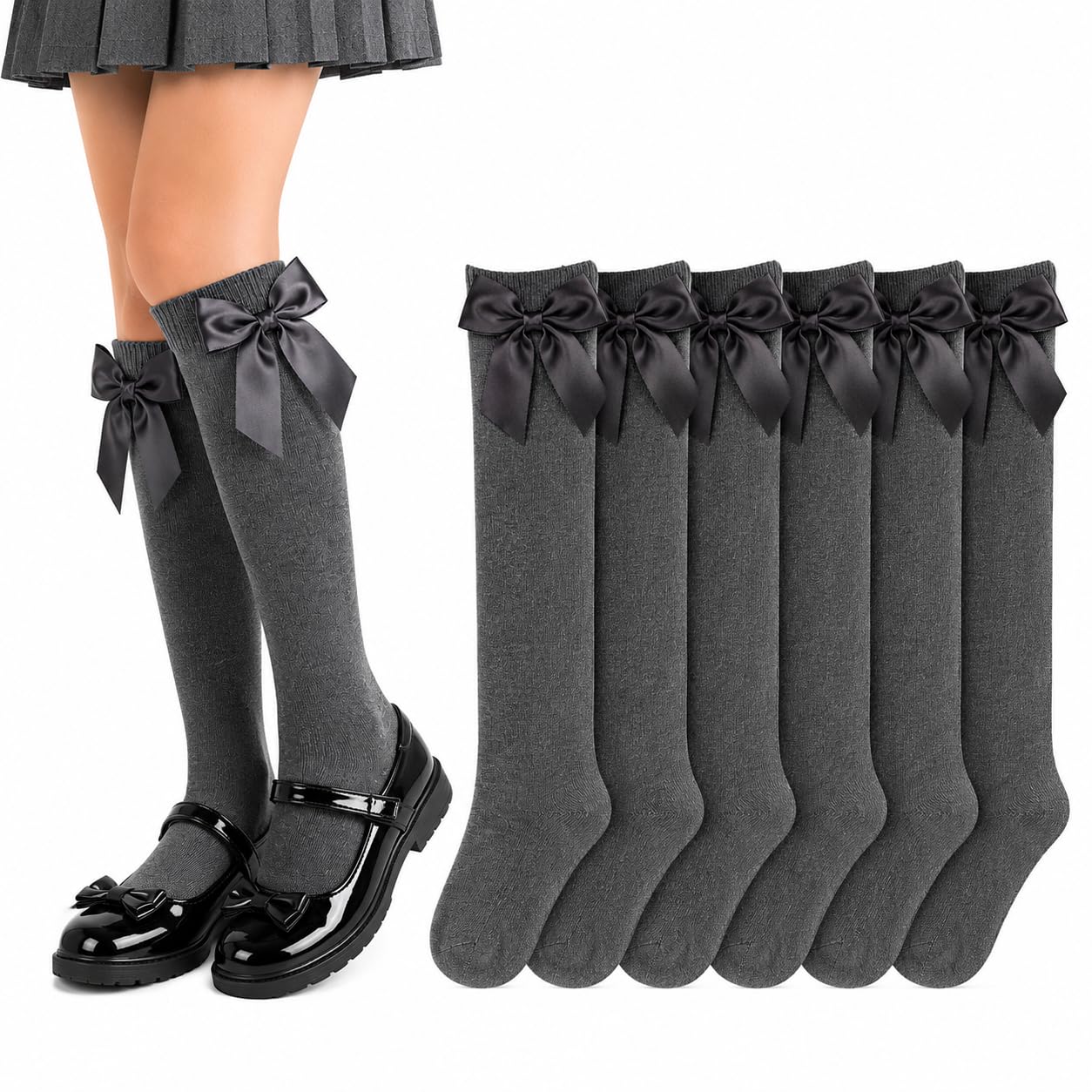 ShopMCR 6 Pack Girls Knee High Socks – Cotton Ribbon Bow Long School Socks, Perfect for Back to School, Uniform, Parties & Daily Wear (6P, GY, 12-3)