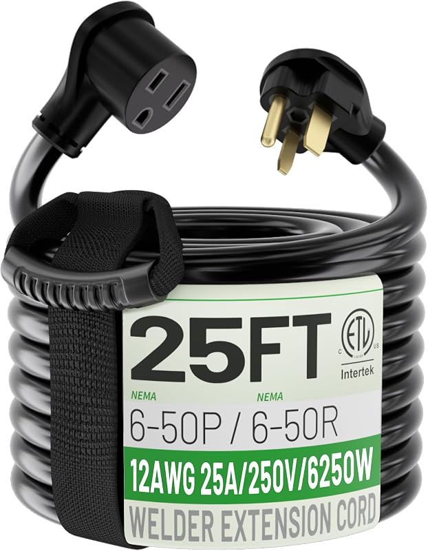 12 AWG 25FT 6-50P/R Welder Extension Cord 25A 250V Heavy Duty ETL | 25 Feet NEMA 6-50P to 6-50R 250V Heavy Duty Heat Proof Welding Cord Compatible with Lincoln, Miller Welders, SJTW ETL Listed