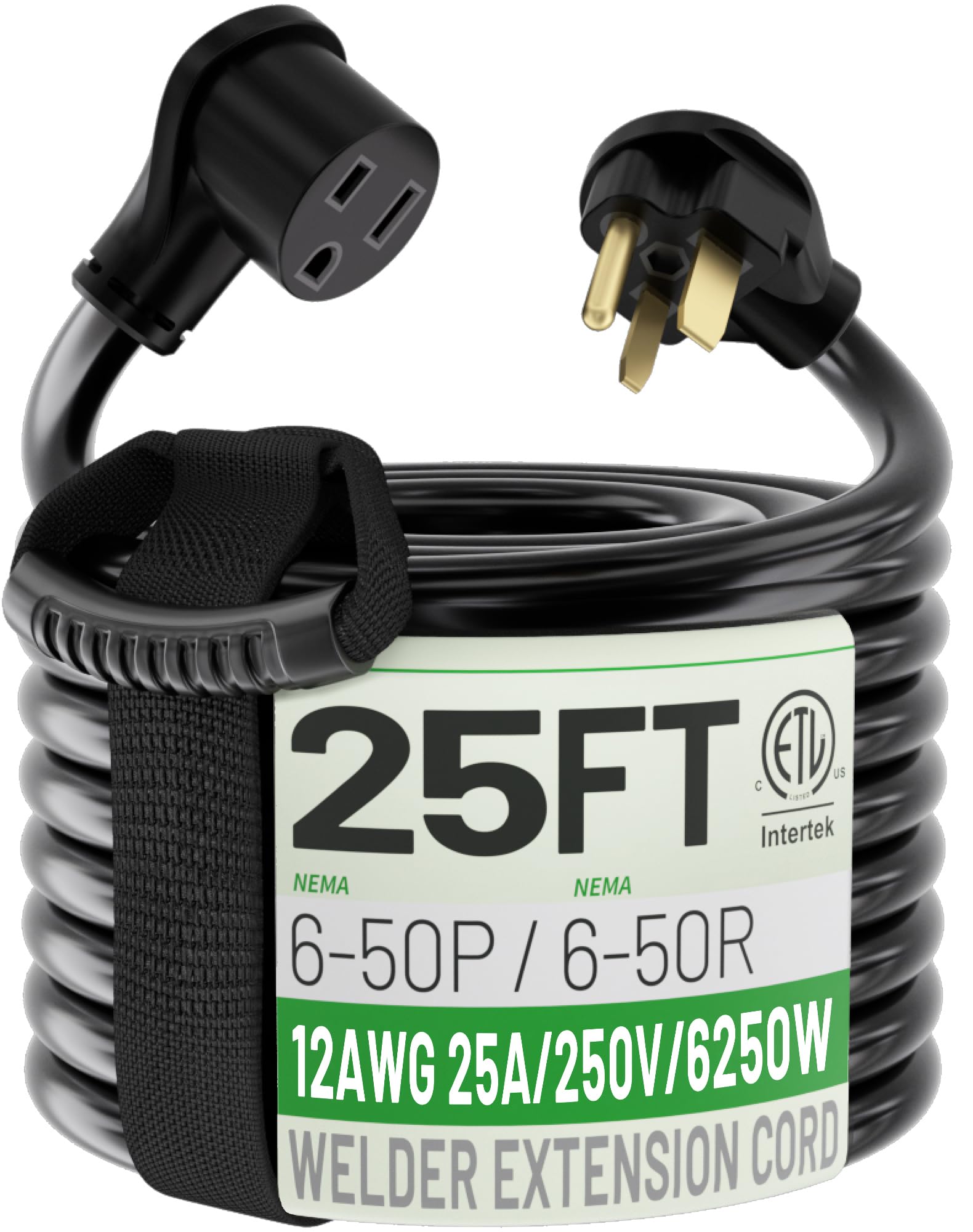 POWGRN - Cable de extensión para soldador exterior de 25 amperios, calibre 12, NEMA 6-50, alambre de soldadura resistente, 3 puntas, 12AWG SJTW, negro, ETL