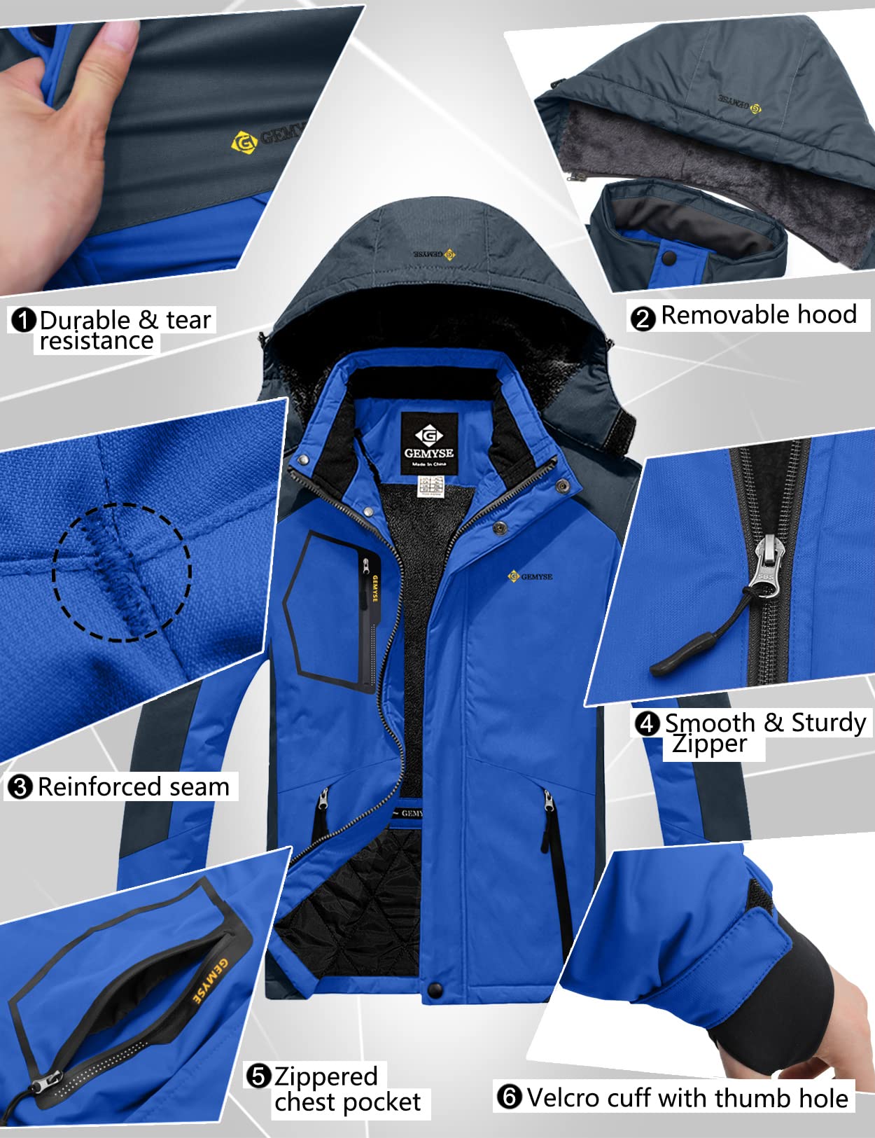 GEMYSE Chaqueta de Esquí Impermeable de Montaña para Hombre Abrigo de Invierno de Lana Antiviento con Capucha