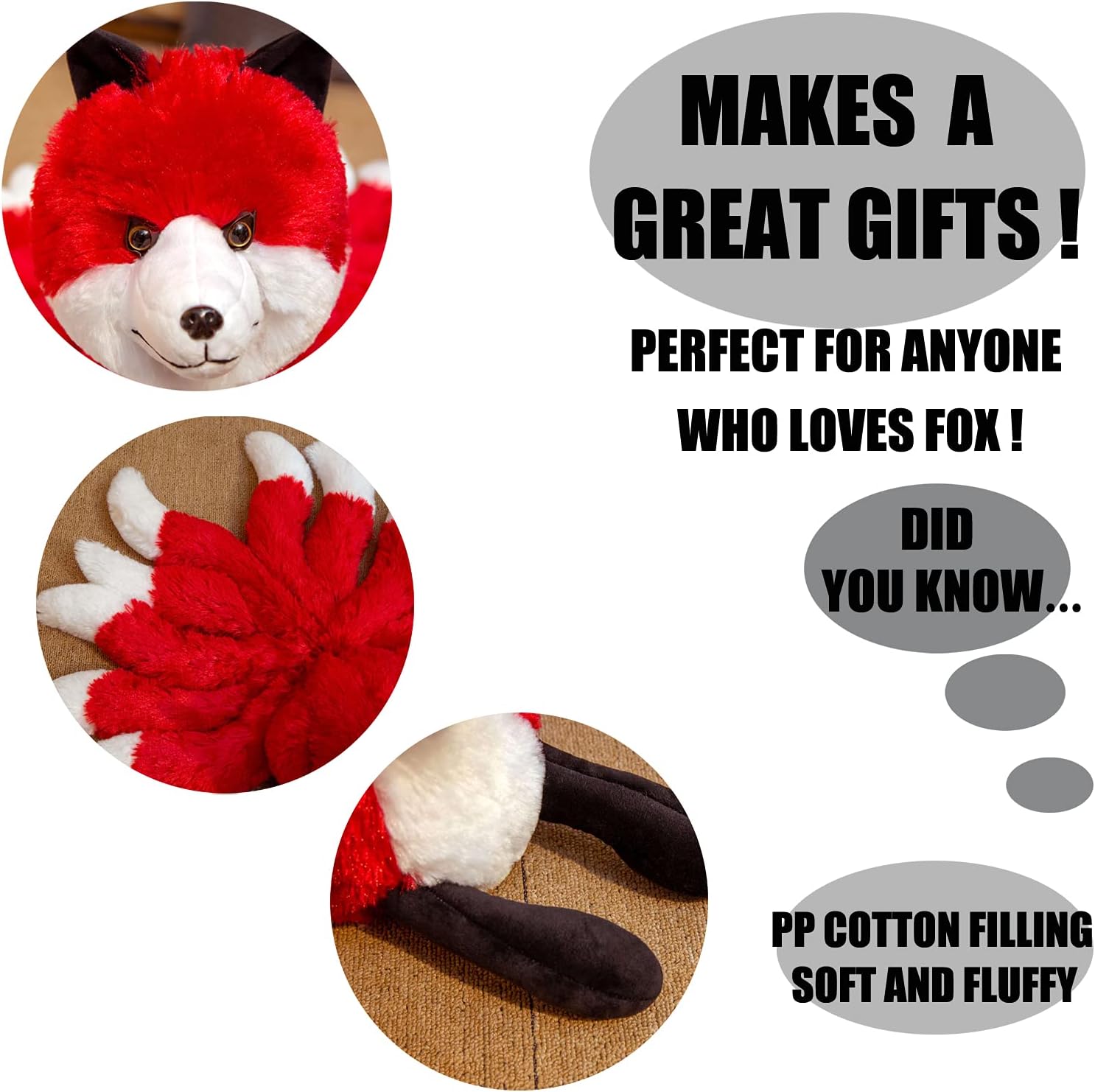 N-A Lifelike Red Fox Plush Nine-Tailed Fox Soft Hugging Pillow, 10.24 x 22.05Inch White Nine Tails Fox Stuffed Animals Kyuubi Kitsune Gifts