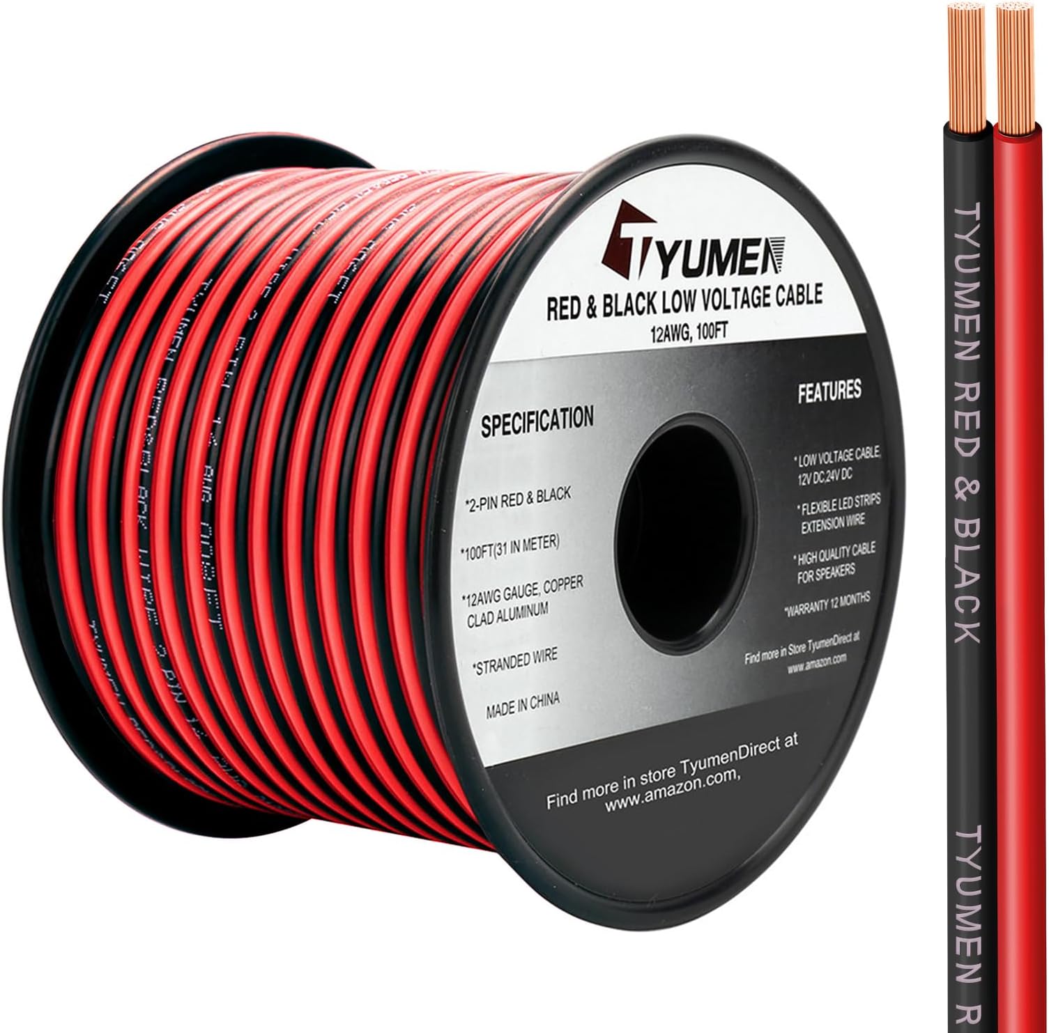 100FT 12/2 Gauge 2pin 2 Color Red Black Cable Hookup Electrical Wire LED Strips Extension Wire 12V/24V DC Cable, 12AWG Flexible Wire Extension Cord for LED Ribbon Lamp Tape Lighting