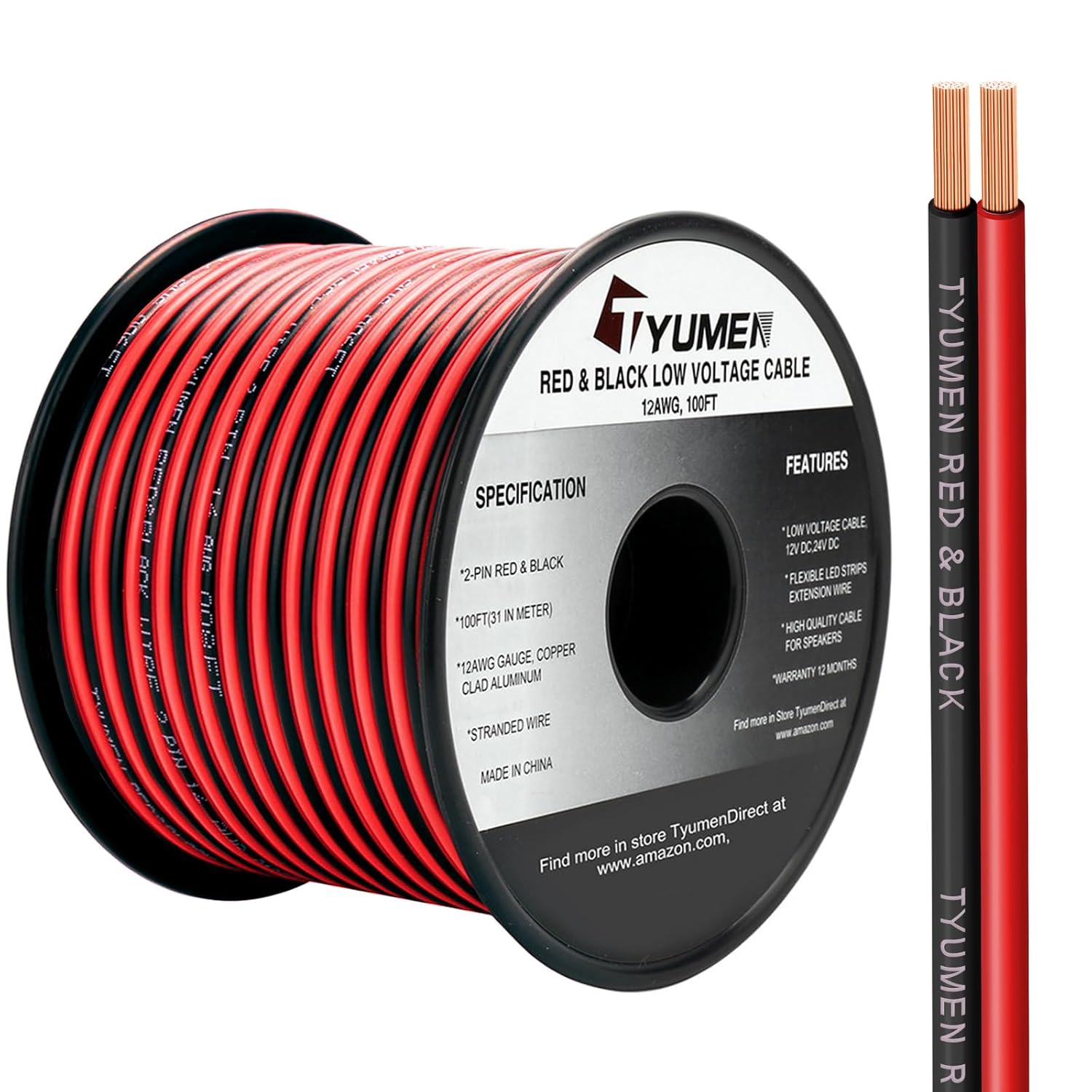 TYUMEN 100FT 12/2 Gauge 2pin 2 Color Red Black Cable Hookup Electrical Wire LED Strips Extension Wire 12V/24V DC Cable, 12AWG Flexible Wire Extension Cord for LED Ribbon Lamp Tape Lighting