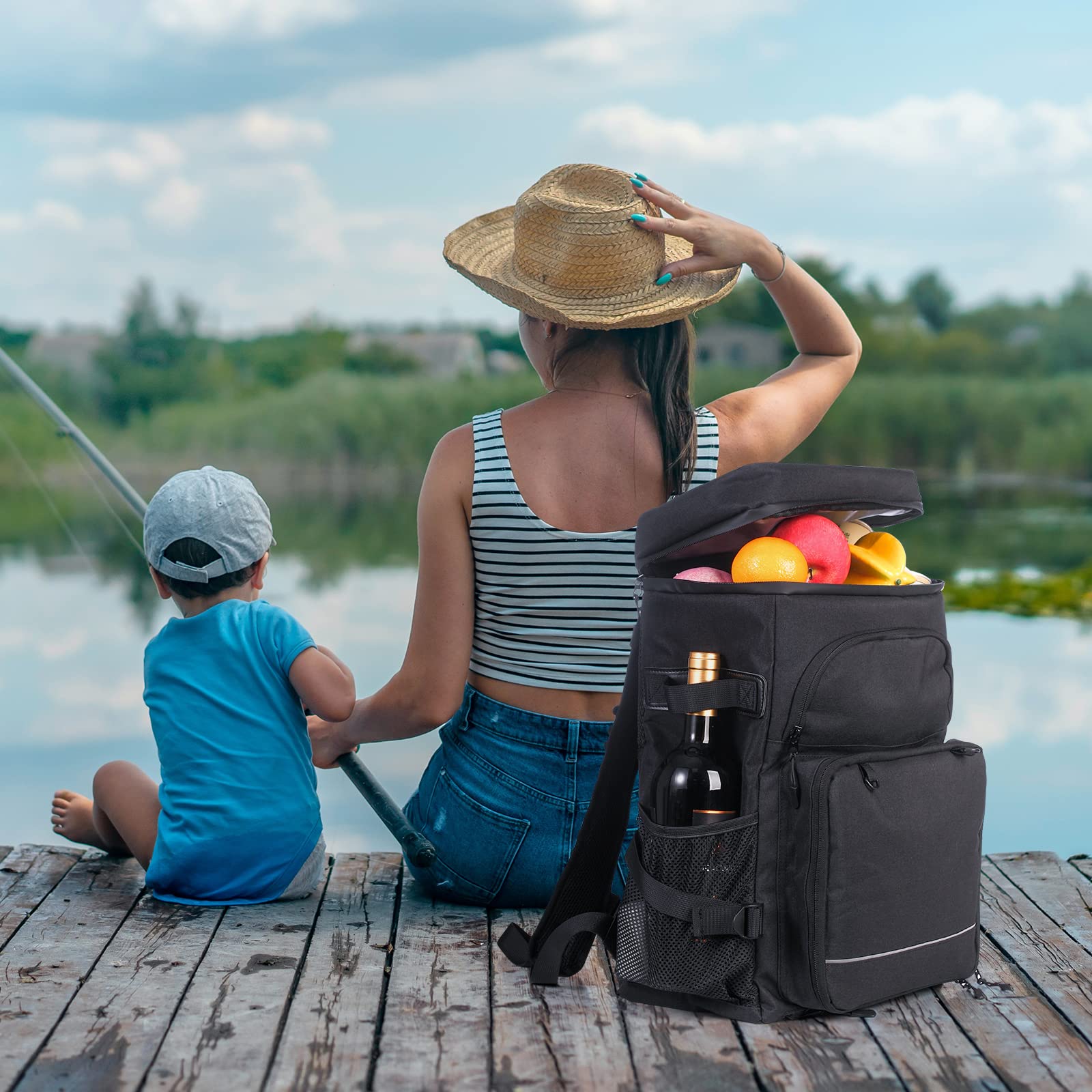 DEWUR Kühlrücksack 35L Thermo Rücksack Kühltasche Wasserdichter Picknickrücksack mit Flaschenöffner für Picknick Camping Strand Wandern Reisen Einkaufen Schwaz