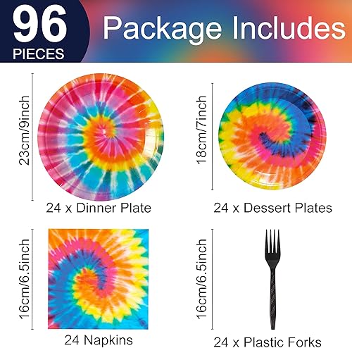 Miniatura 2 de Juego de 96 piezas con diseño de teñido anudado para fiesta, teñido anudado, temática hippie de los años 60, decoración de mesa, suministros de