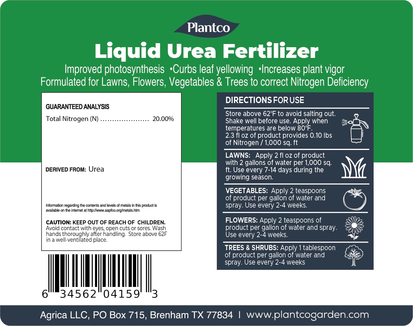 Liquid Urea Fertilizer with Seaweed | 20-0-0 Sprayable Nitrogen Fertilizer | 32 fl oz Bottle| Instant Green-Up for Lawns, Vegetables, Flowers & Trees | Fast-Acting Nitrogen | Made in The USA |