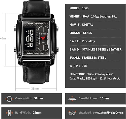 Miniatura 8 de Relojes de pulsera deportivos con esfera rectangular para hombre 7 colores opcionales retroiluminación LED multifuncional cronómetro de alarma 1224