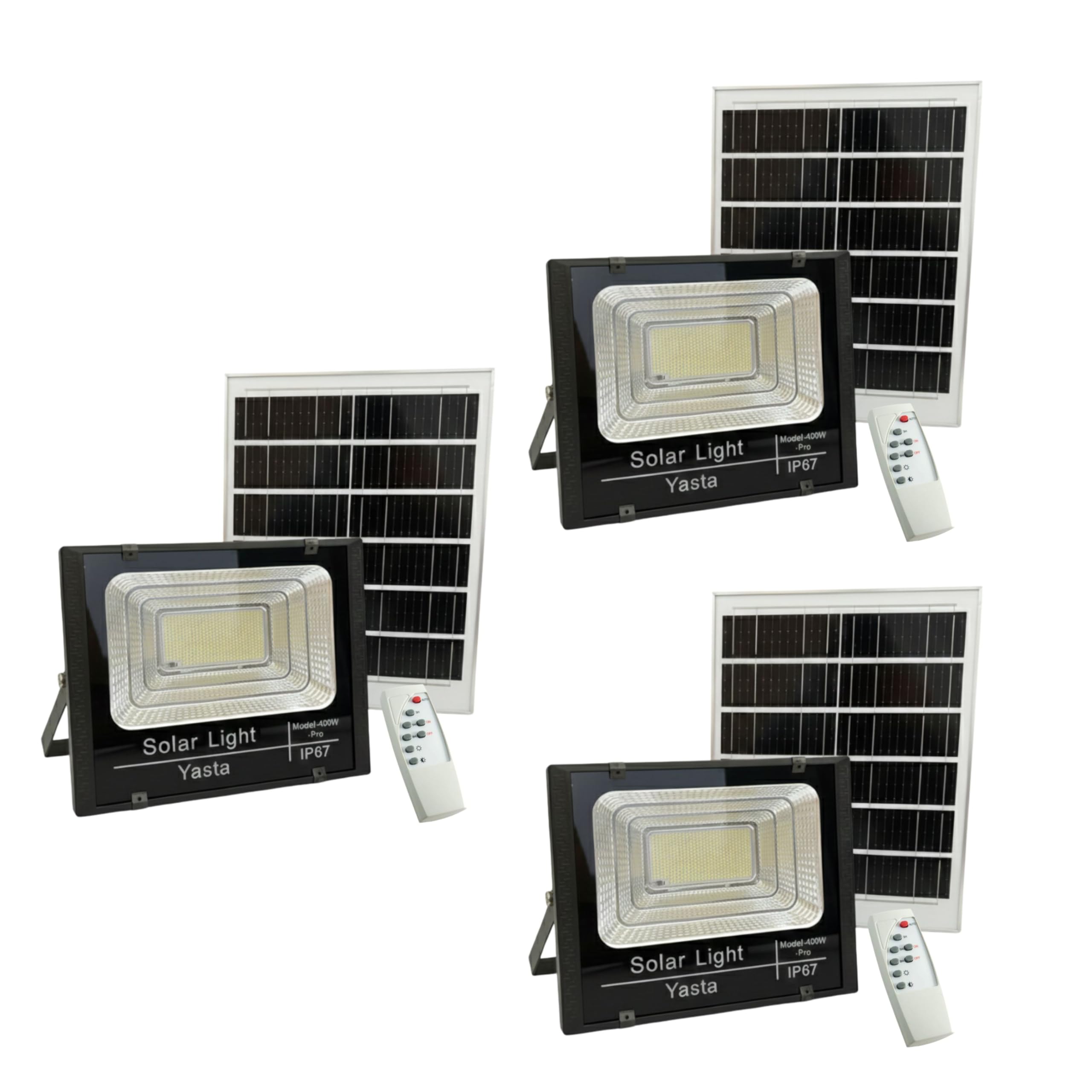 YASTA 3 Pezzi Faro LED Esterno Solare 400W PRO Luce Fredda con Telecomando | Alta luminosità 6500K, IP67 Impermeabile, Lampione con pannello separato, Sensore crepuscolare, Cavo lungo da 4 metri