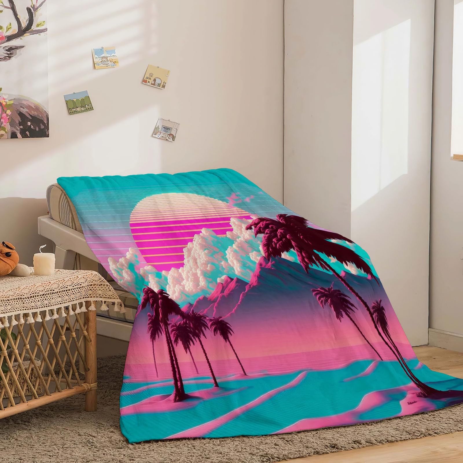 Couverture Flanelle Doux et Confortable 150x200 cm Soleil Rose de Dessin Animé Paysage de Montagne Motif Couverture Plaid Polaire Couverture de Canapé Lavable, Couverture pour Chambre Canapé et Lit