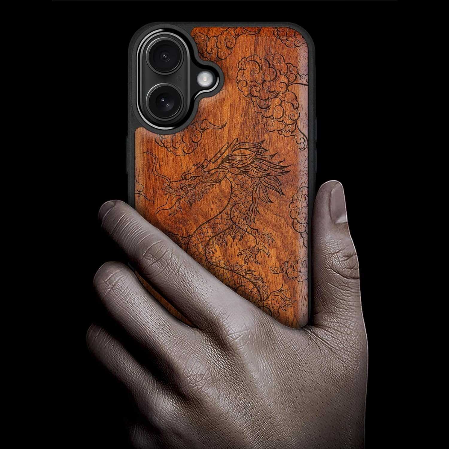 Carveit Magnetic Wooden Case for iPhone 17 Case, Wood Artisan Engraved & Black Soft TPU Shockproof Cover, Compatible with MagSafe Wireless Chargers (The Dragon's Ascent) Rosy