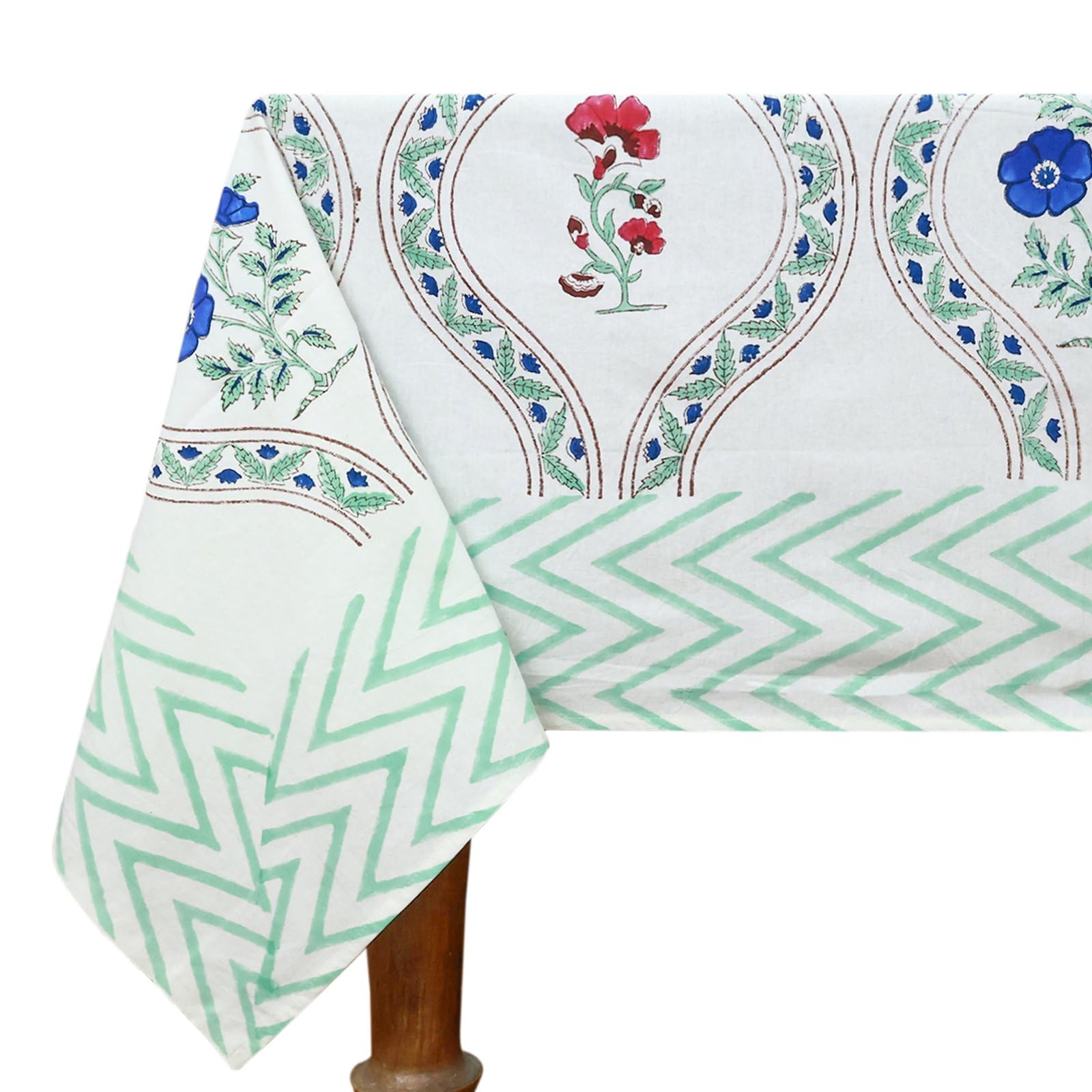 72x108 Inches Rectangle Hand Block Printed Cotton Tablecloth, White Green Floral Table Cloths Washable, Indian Table Linen For Dinning Home Decor Summer Spring Autumn Outdoor Thanksgiving Gifts