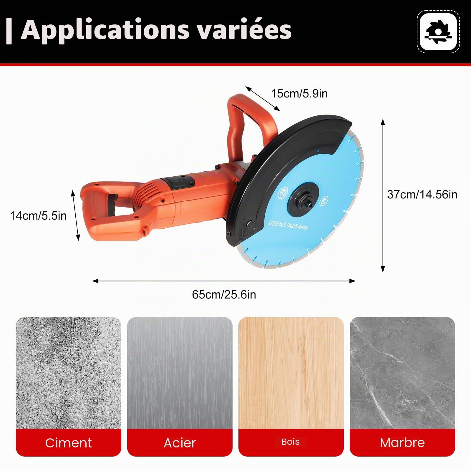 Scie à béton électrique 3000 W 3800 tr/min Fraise murale sans poussière avec lame diamant de 350 mm de qualité supérieure pour carrelage, marbre, granit, bois, pierre et ciment