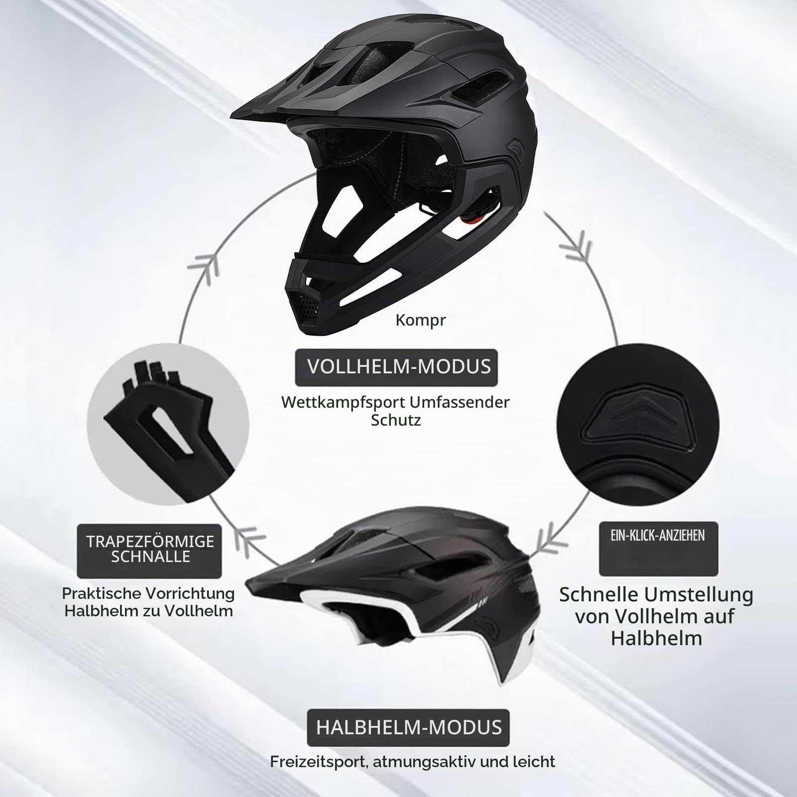MTBFullface-Helm Für Erwachsene, Fahrradhelme Für Männer, 2-in-1 Fullface Fahrradhelm Mit Abnehmbarem Kinnschutz, Leichter Verstellbarer Mehrsport Helm