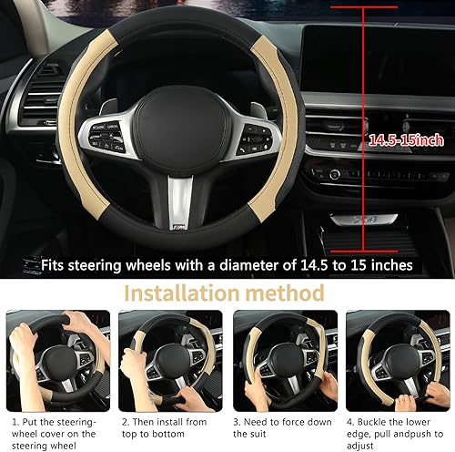 Miniatura 6 de Funda de cuero para volante de automóvil, segura, suave, transpirable, resistente, antideslizante, para automóvil, SUV, Jeep, negro y beige
