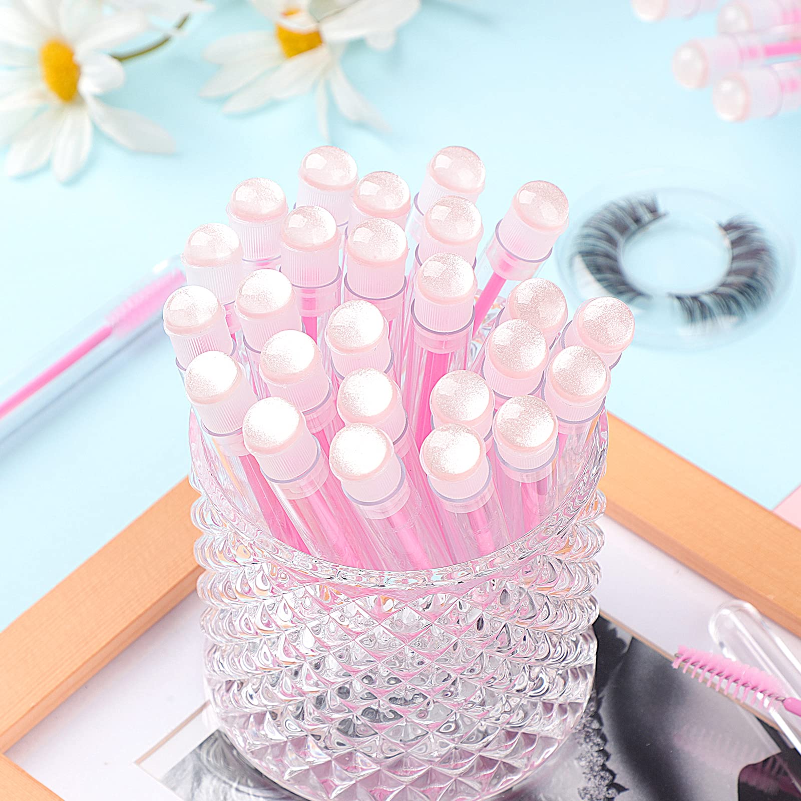 Dming 50pcs Cepillo de Pestañas Varita de Pestañas Herramienta de Maquillaje Extensión de Pestañas Suministros Cepillo de Limpieza Diamante Mascara Rosa cielo