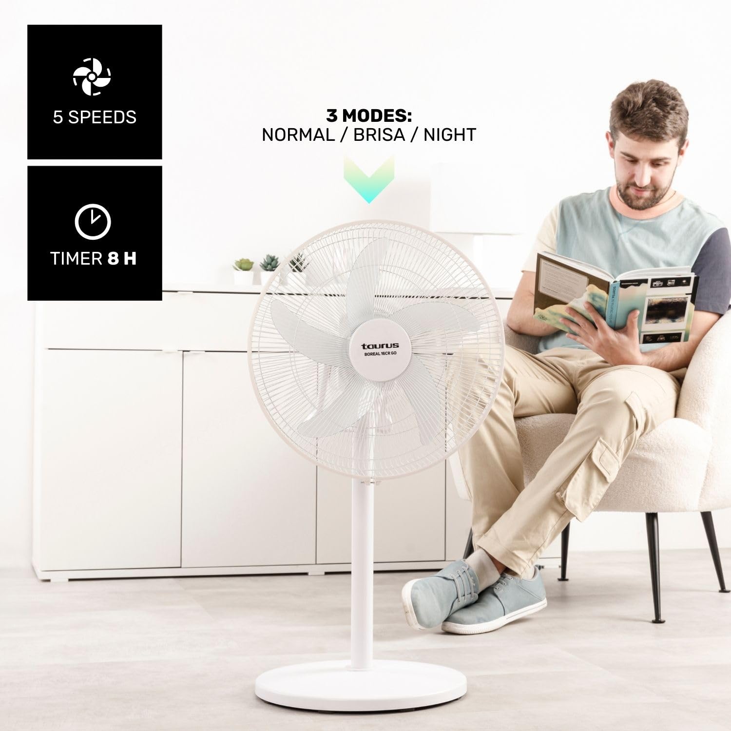 Taurus - Stand Fan Rechargable Boreal 16CR Go |35W|Batteria | Autonomia 8h |Tempo di ricarica 4h |5 velocità |3 modalità |5 pale da 40 cm |Temp 8 ore | Altezza regolabile | luce posteriore
